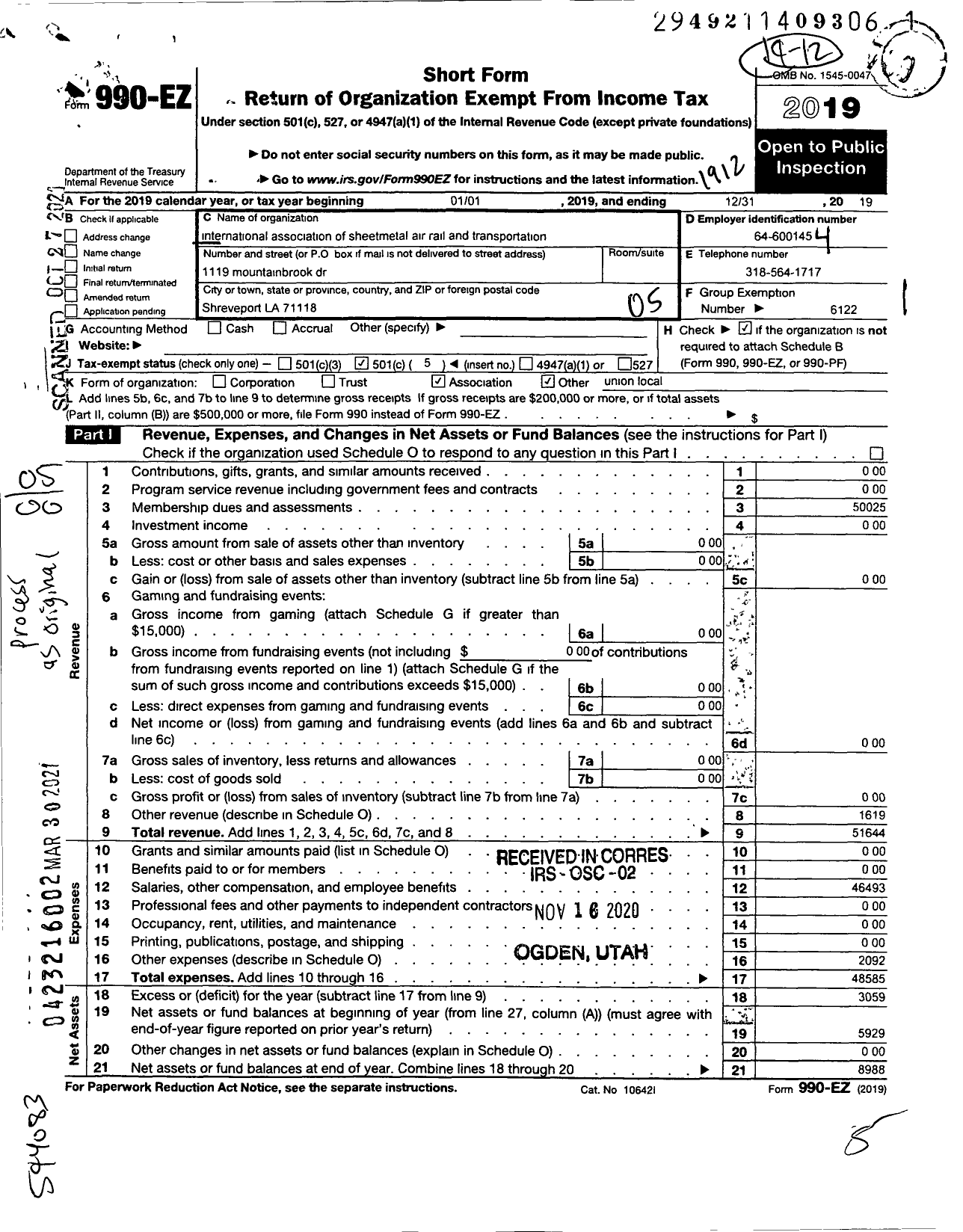 Image of first page of 2019 Form 990EO for Smart Union - 1088 TD