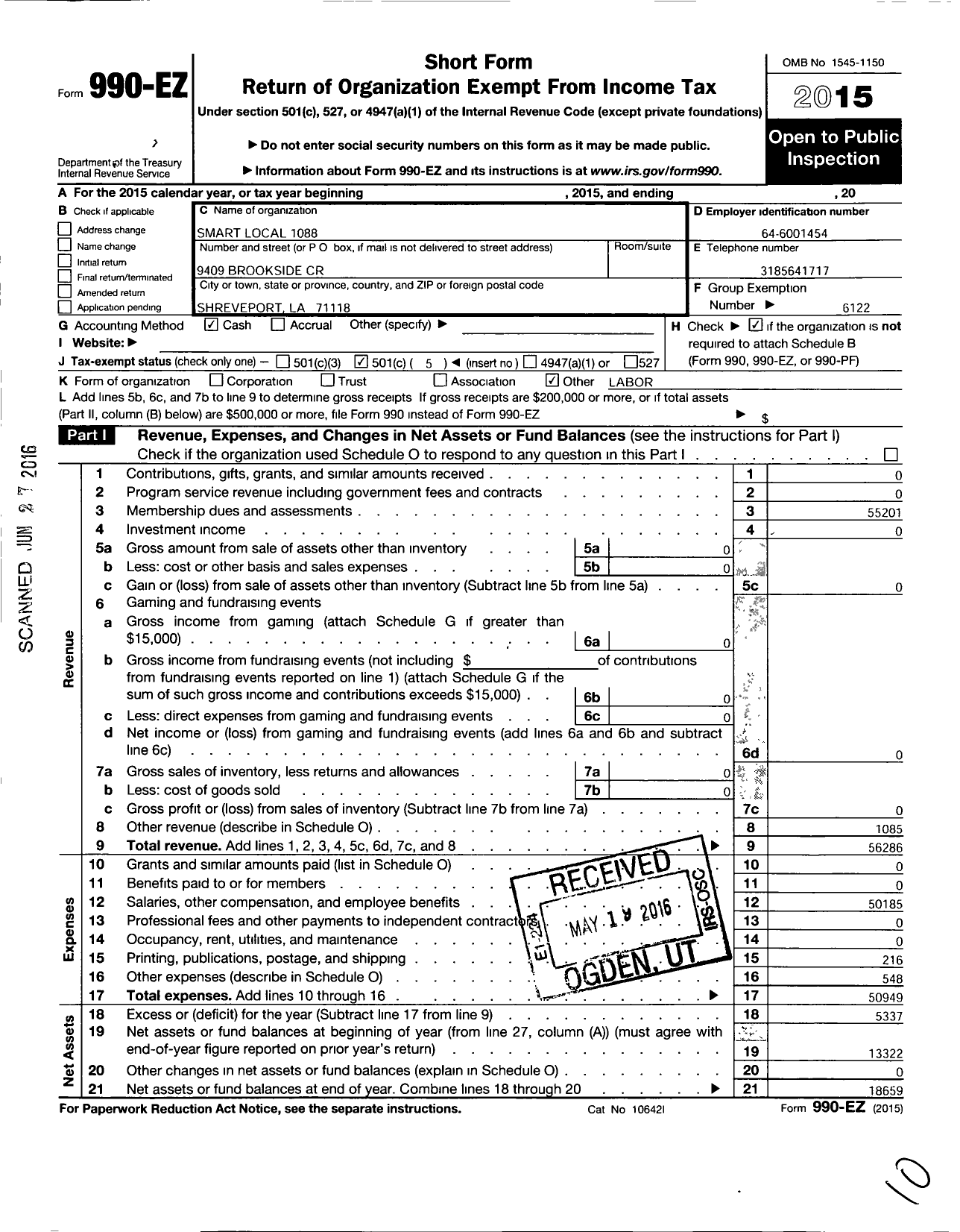 Image of first page of 2015 Form 990EO for Smart Union - 1088 TD