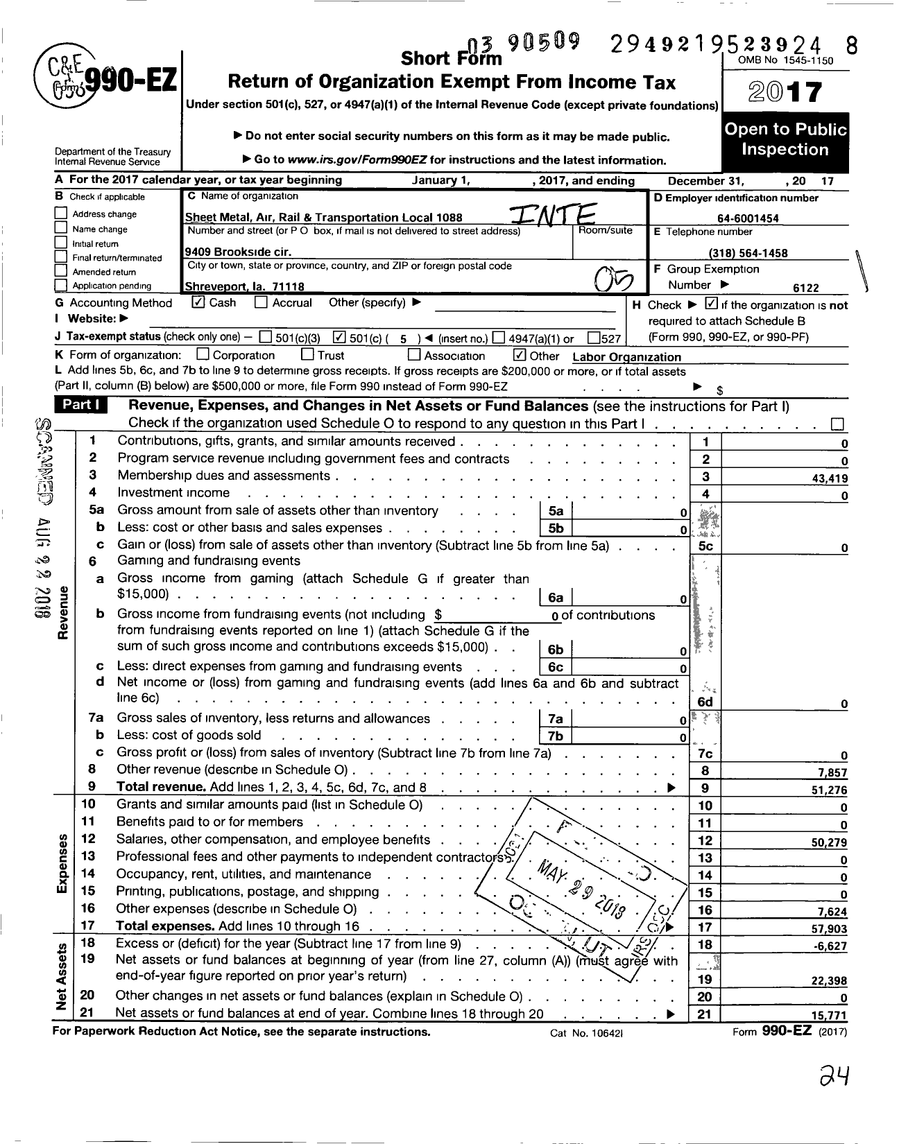 Image of first page of 2017 Form 990EO for Smart Union - 1088 TD