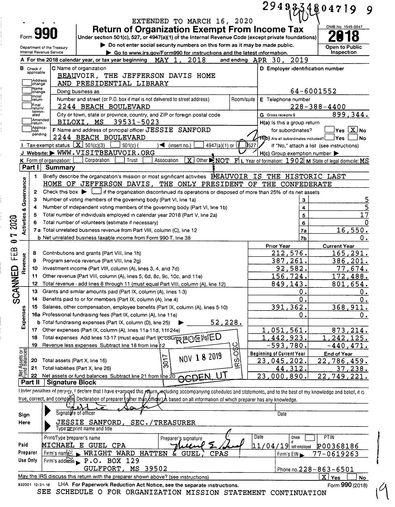 Image of first page of 2018 Form 990 for Beauvoir The Jefferson Davis Home and Presidential Library