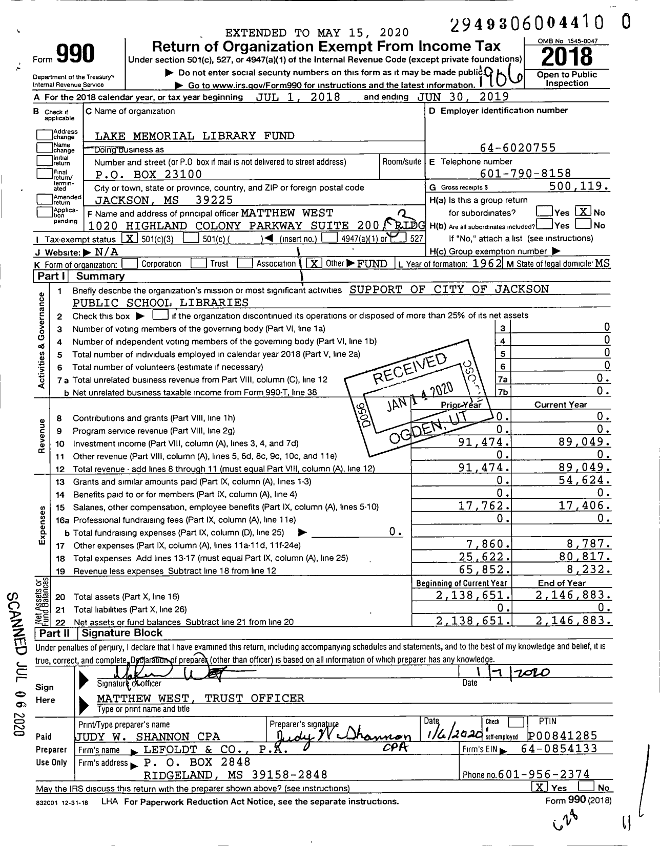 Image of first page of 2018 Form 990 for Lake Memorial Library Fund