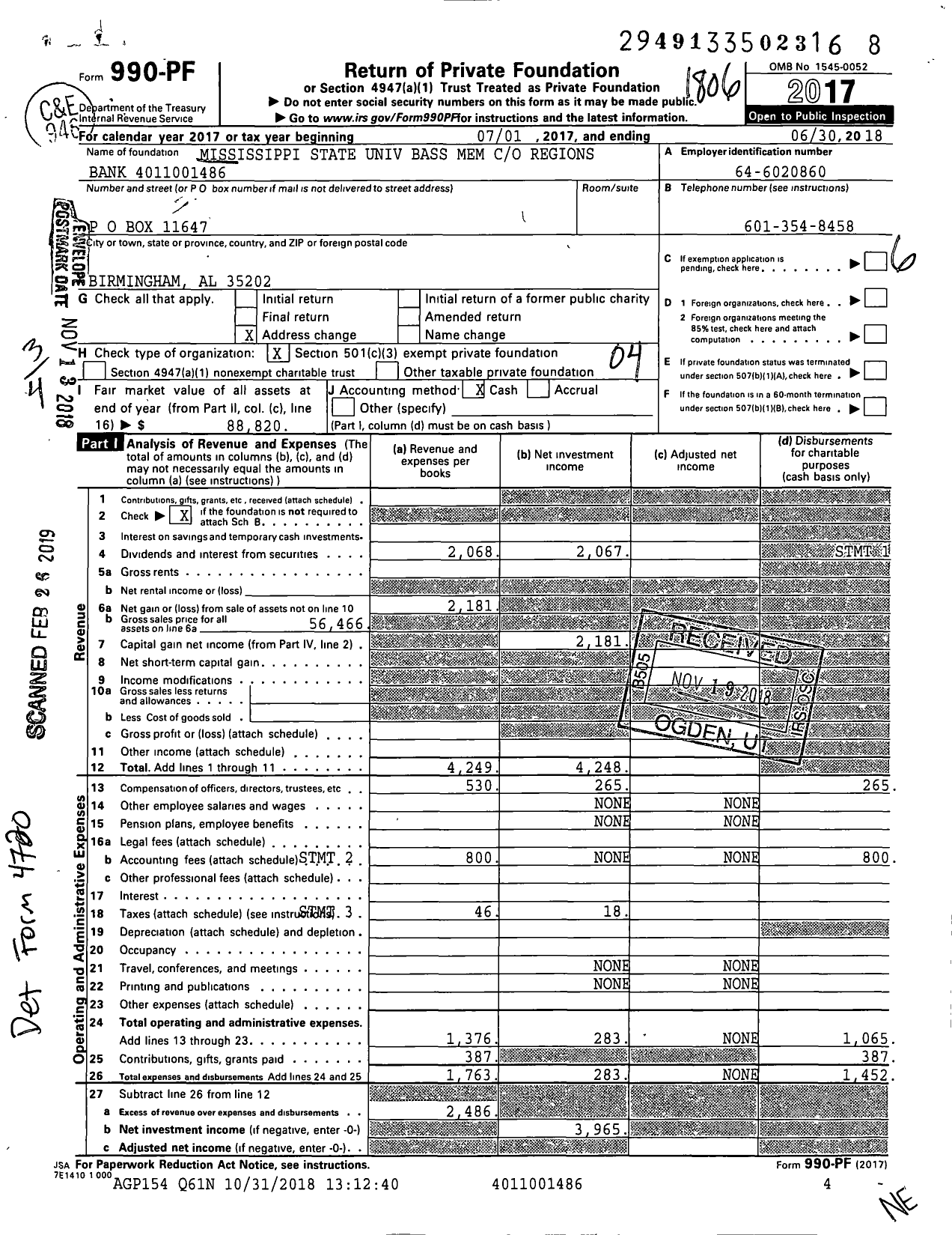 Image of first page of 2017 Form 990PF for Msu-Bass Mem