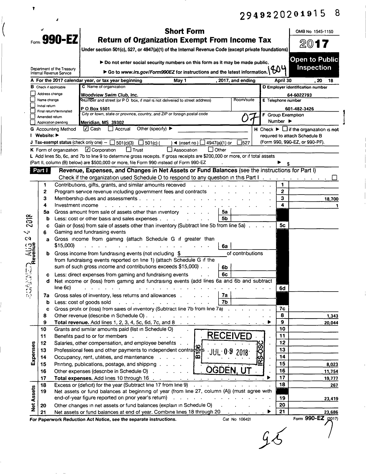 Image of first page of 2017 Form 990EO for Woodview Swim Club