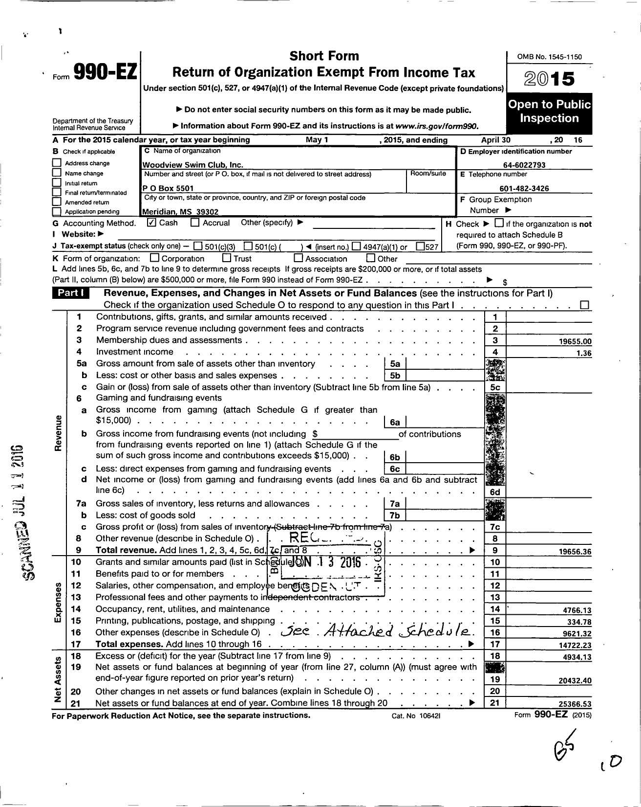 Image of first page of 2015 Form 990EO for Woodview Swim Club