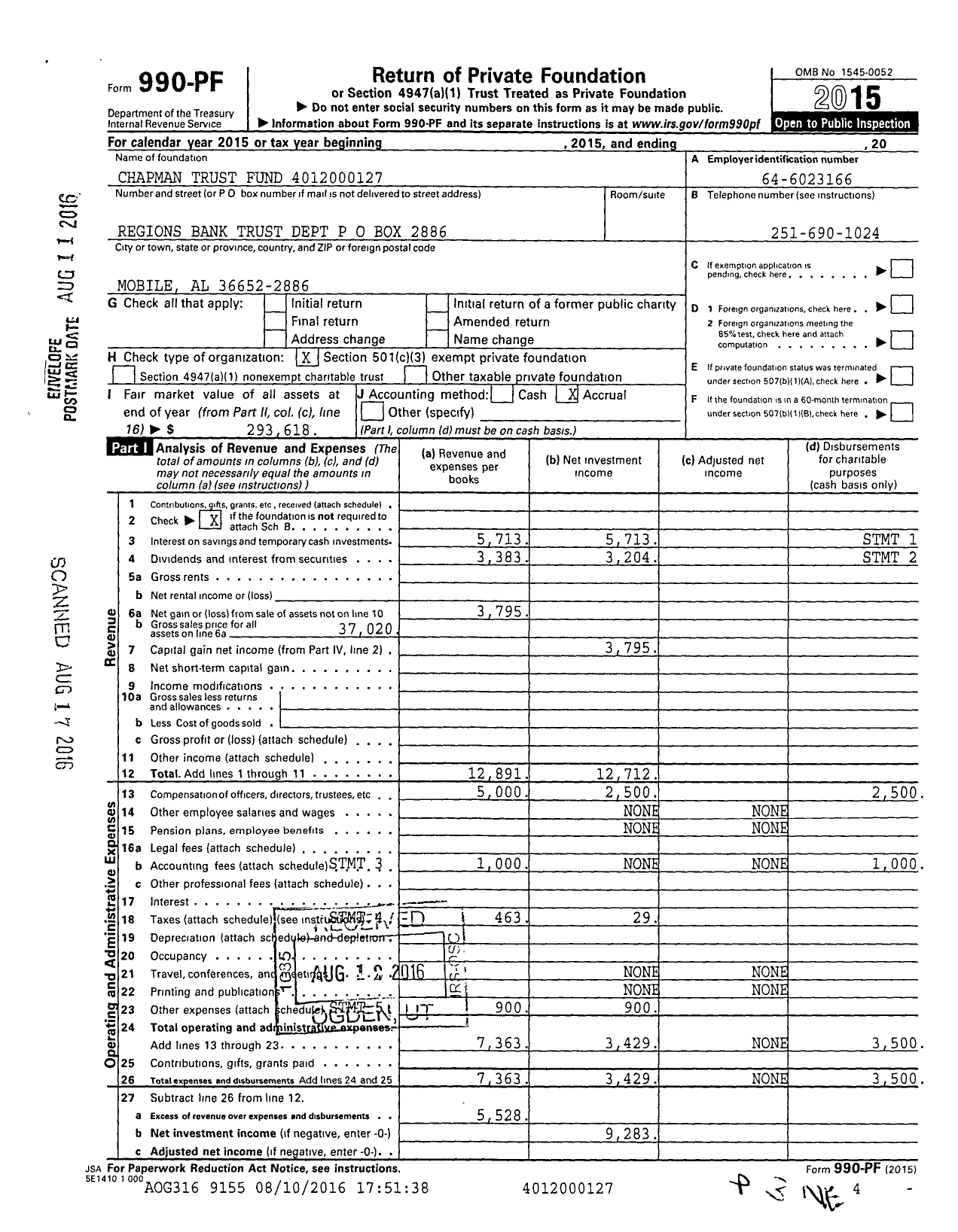 Image of first page of 2015 Form 990PF for Chapman Trust Fund