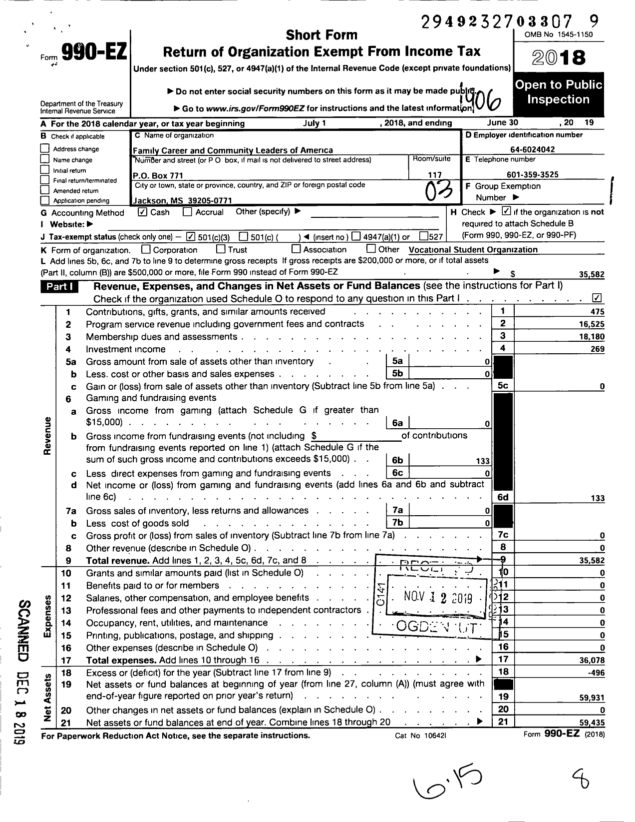 Image of first page of 2018 Form 990EZ for Family Career and Community Leaders of America / Mississippi Association