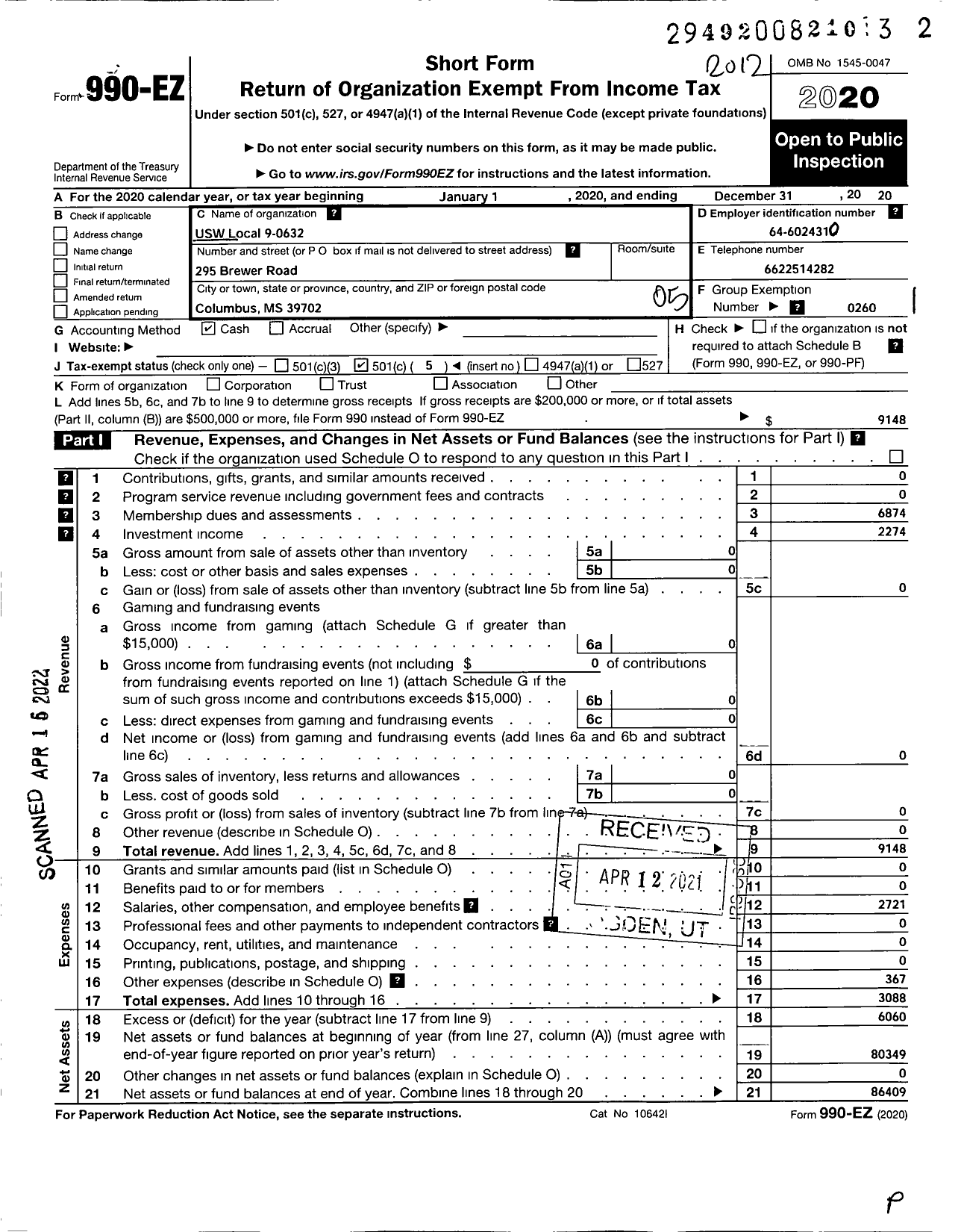 Image of first page of 2020 Form 990EO for United Steelworkers - 9-00632 Local