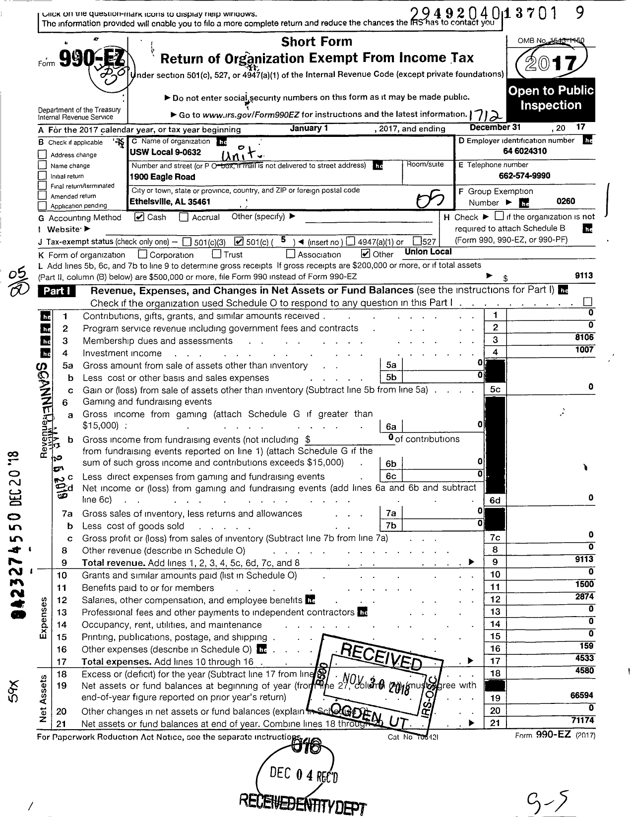 Image of first page of 2017 Form 990EO for United Steelworkers - 9-00632 Local