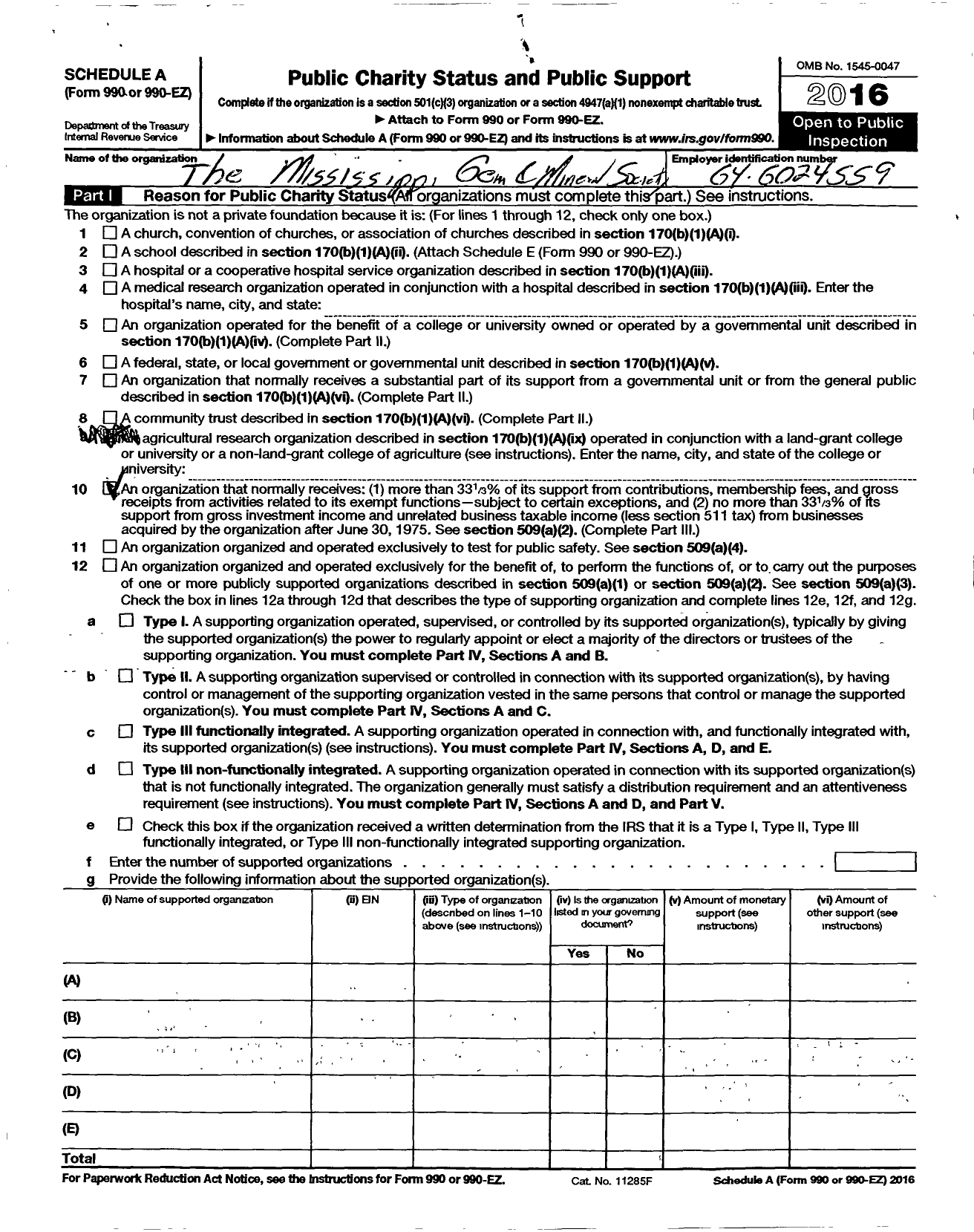 Image of first page of 2016 Form 990ER for Mississippi Gem and Mineral Society