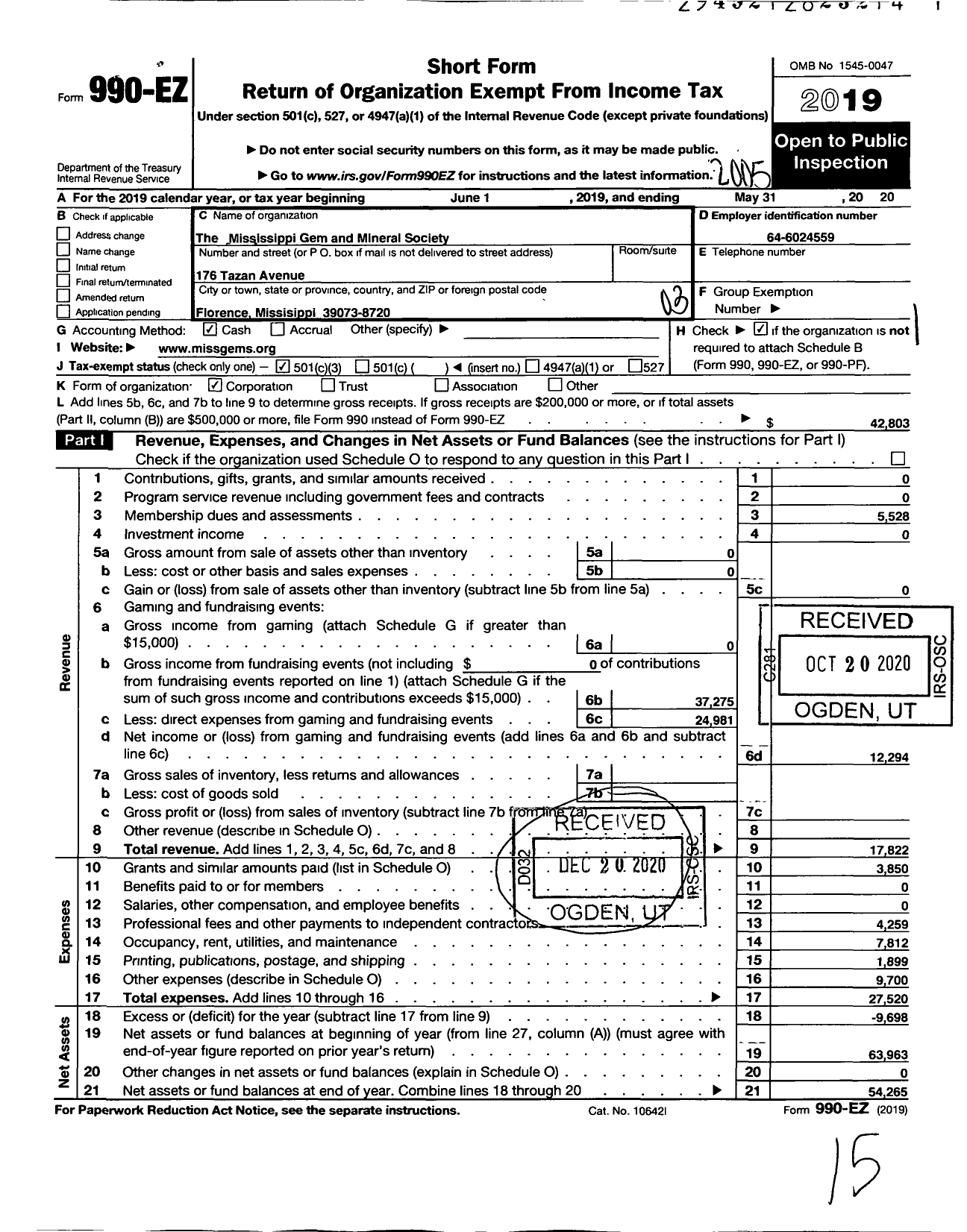 Image of first page of 2019 Form 990EZ for Mississippi Gem and Mineral Society