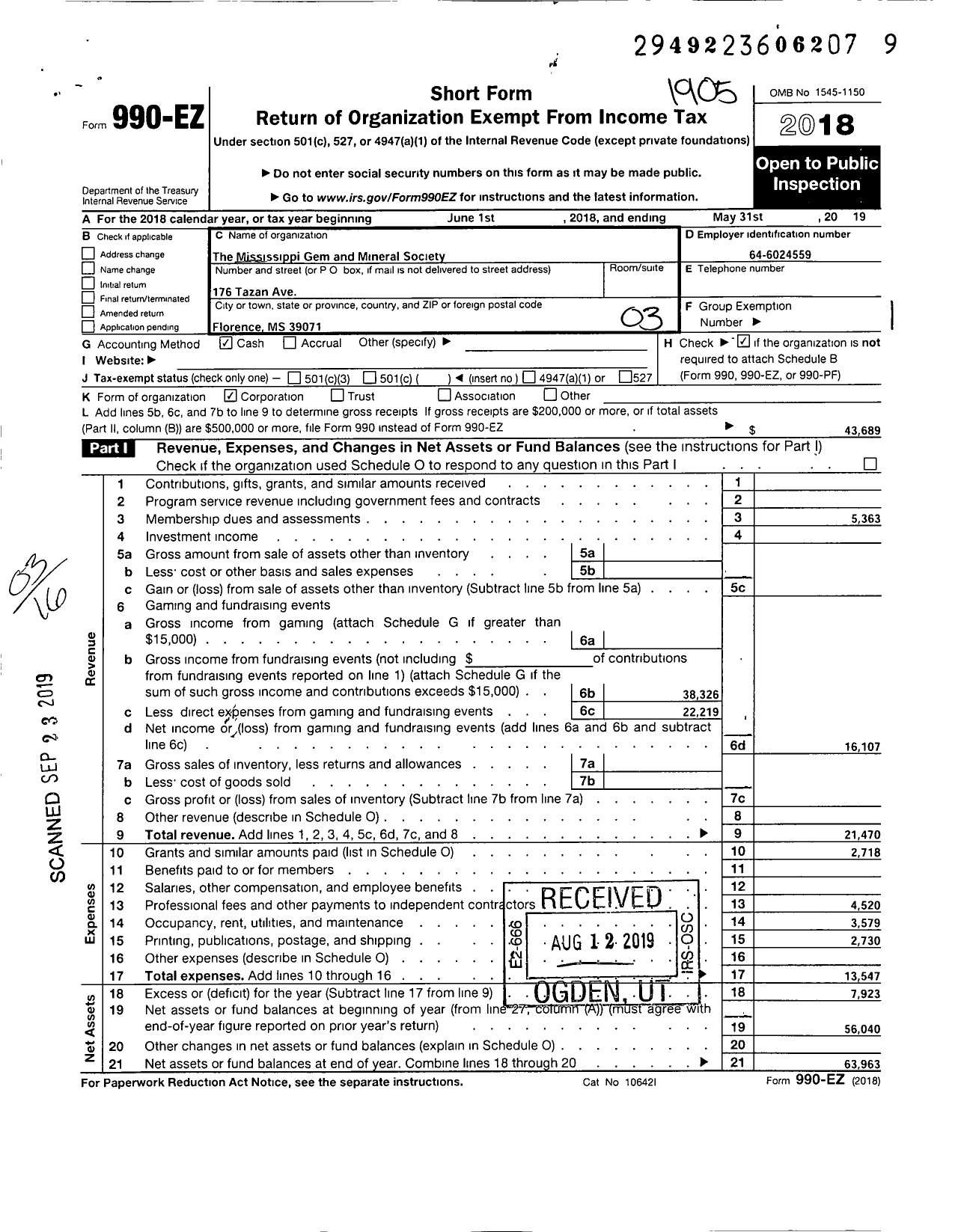 Image of first page of 2018 Form 990EZ for Mississippi Gem and Mineral Society