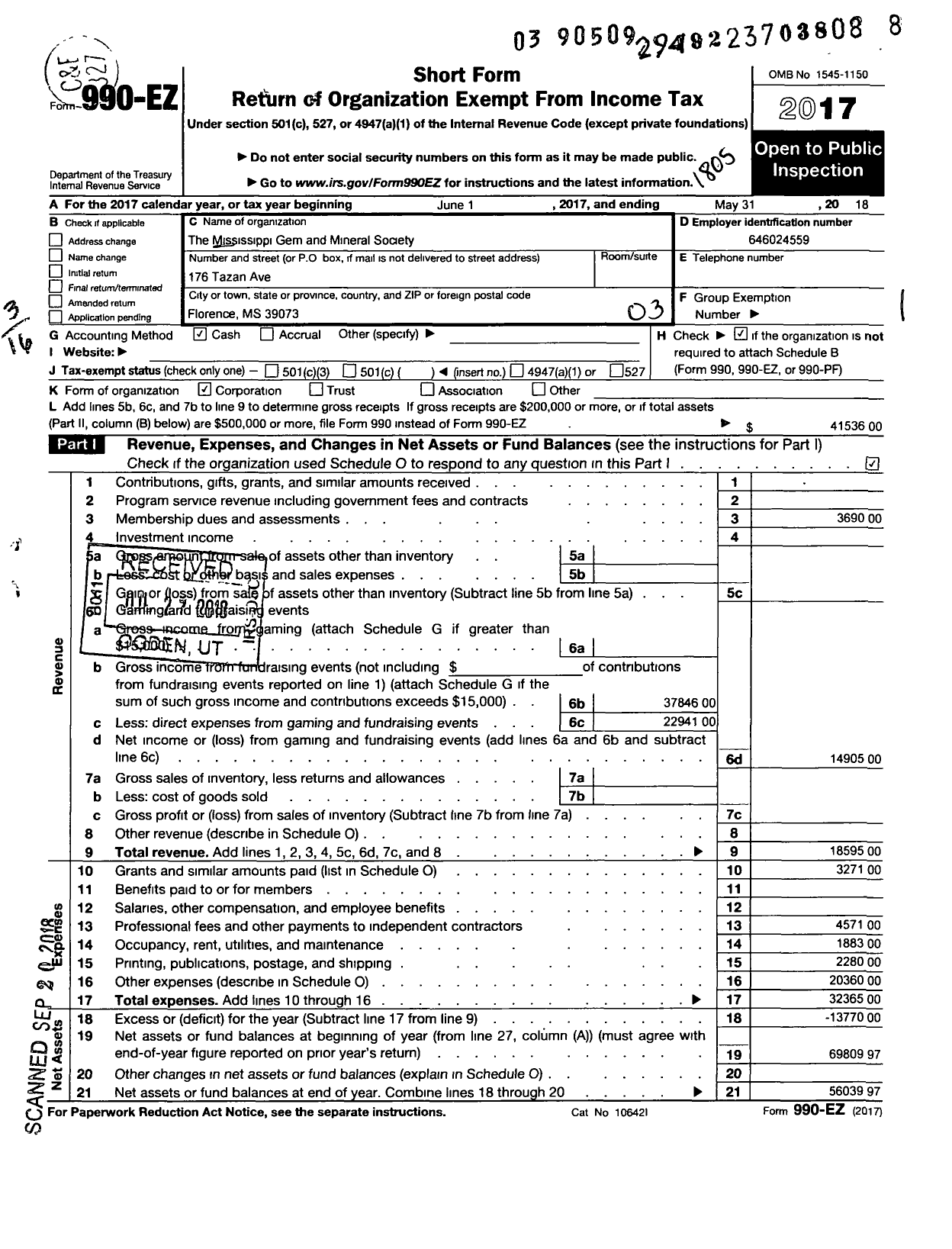 Image of first page of 2017 Form 990EZ for Mississippi Gem and Mineral Society