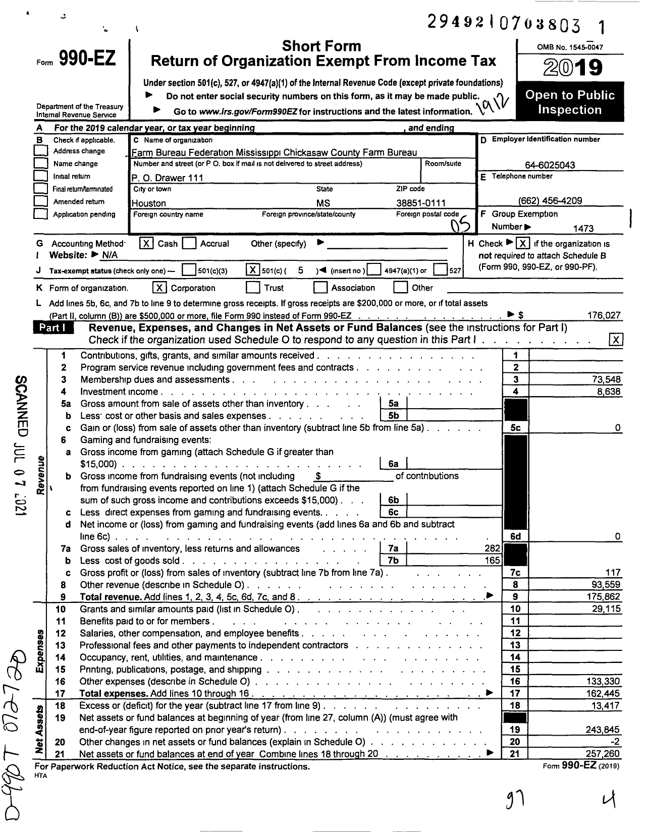 Image of first page of 2019 Form 990EO for Mississippi Farm Bureau Federation - Chickasaw County Farm Bureau