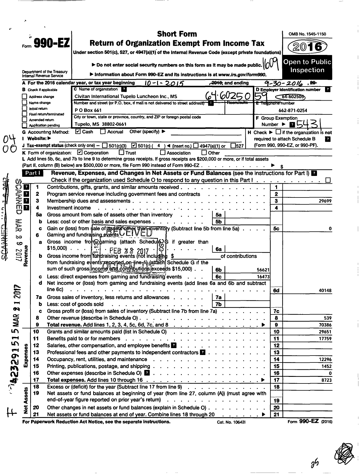 Image of first page of 2015 Form 990EO for Civitan International / Tupelo Luncheon Inc MS