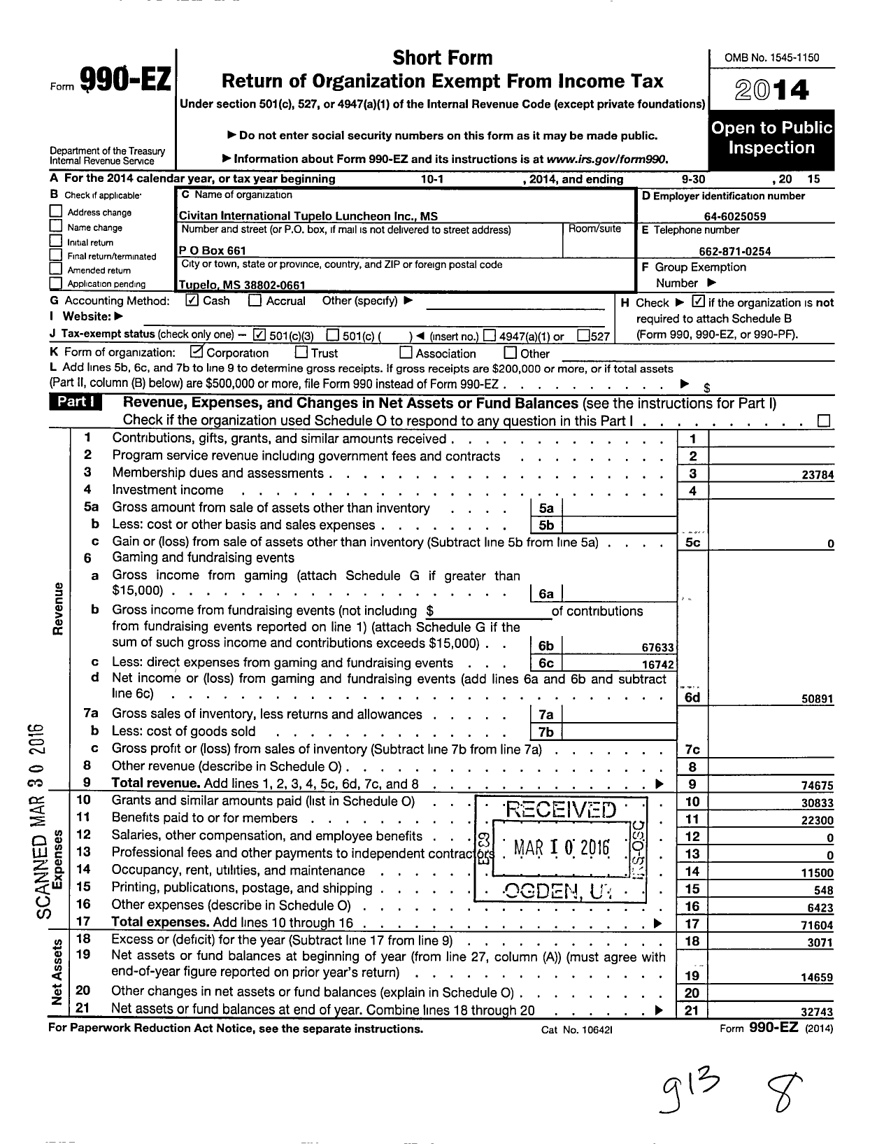 Image of first page of 2014 Form 990EZ for Civitan International / Tupelo Luncheon Inc MS