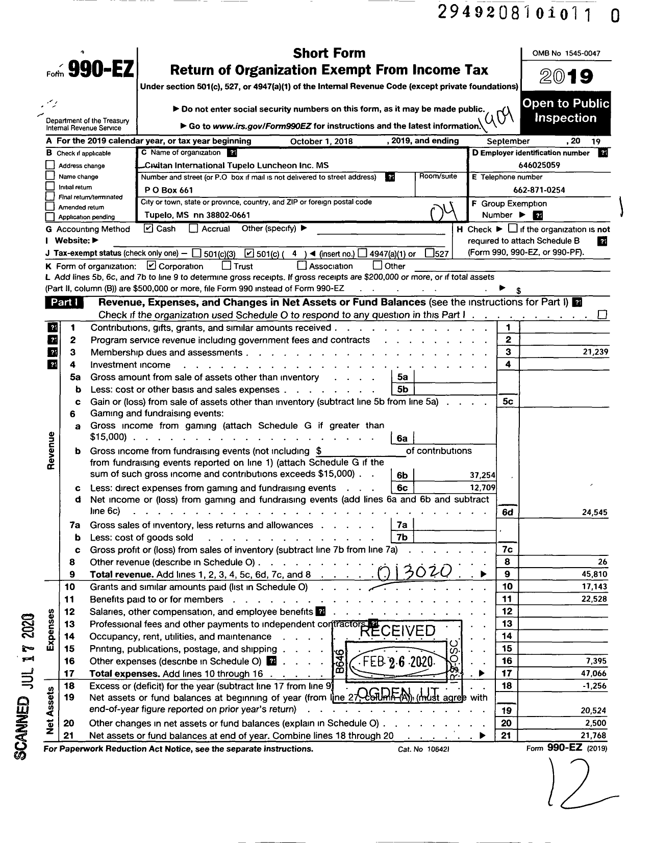 Image of first page of 2018 Form 990EO for Civitan International / Tupelo Luncheon Inc MS