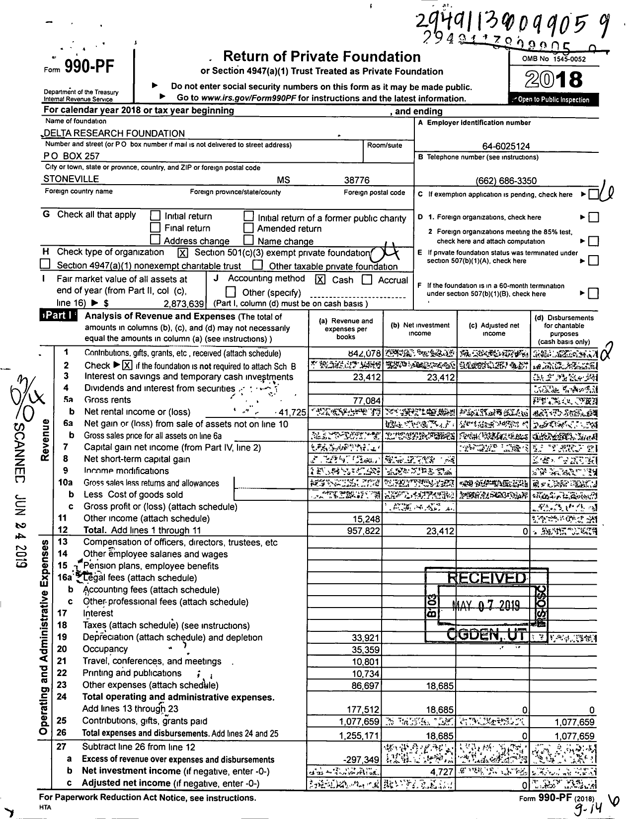 Image of first page of 2018 Form 990PF for Delta Research Foundation