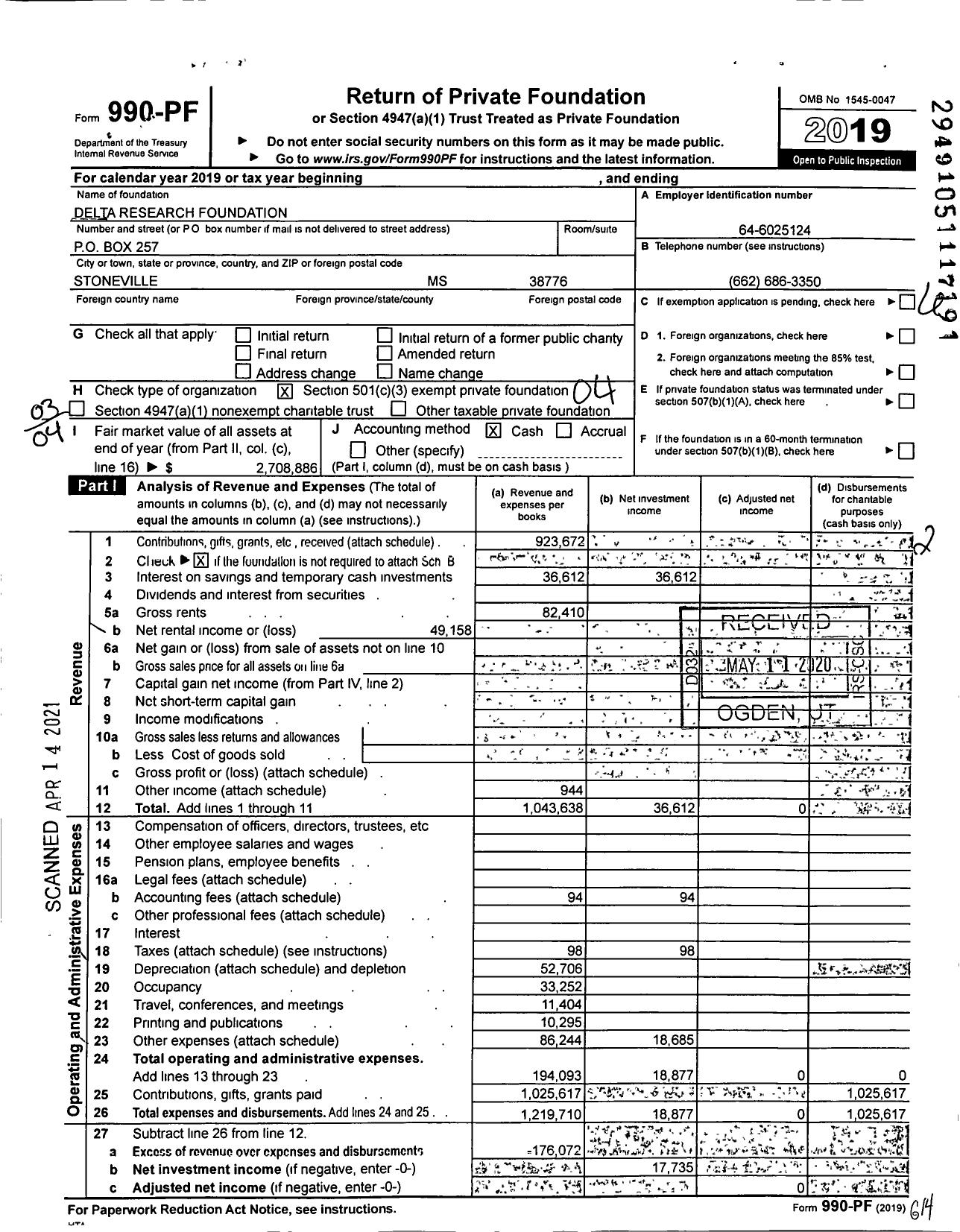 Image of first page of 2019 Form 990PF for Delta Research Foundation