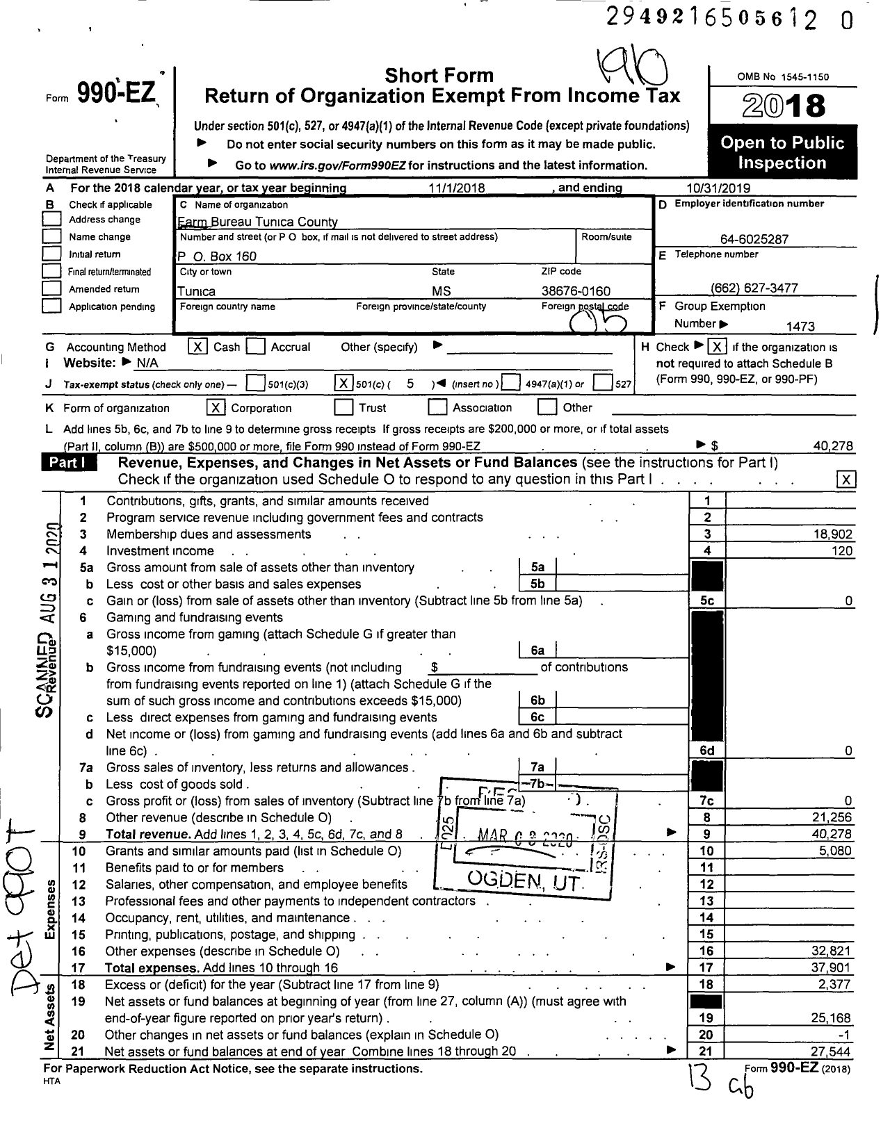 Image of first page of 2018 Form 990EO for Farm Bureau Federation Mississippi Tunica County