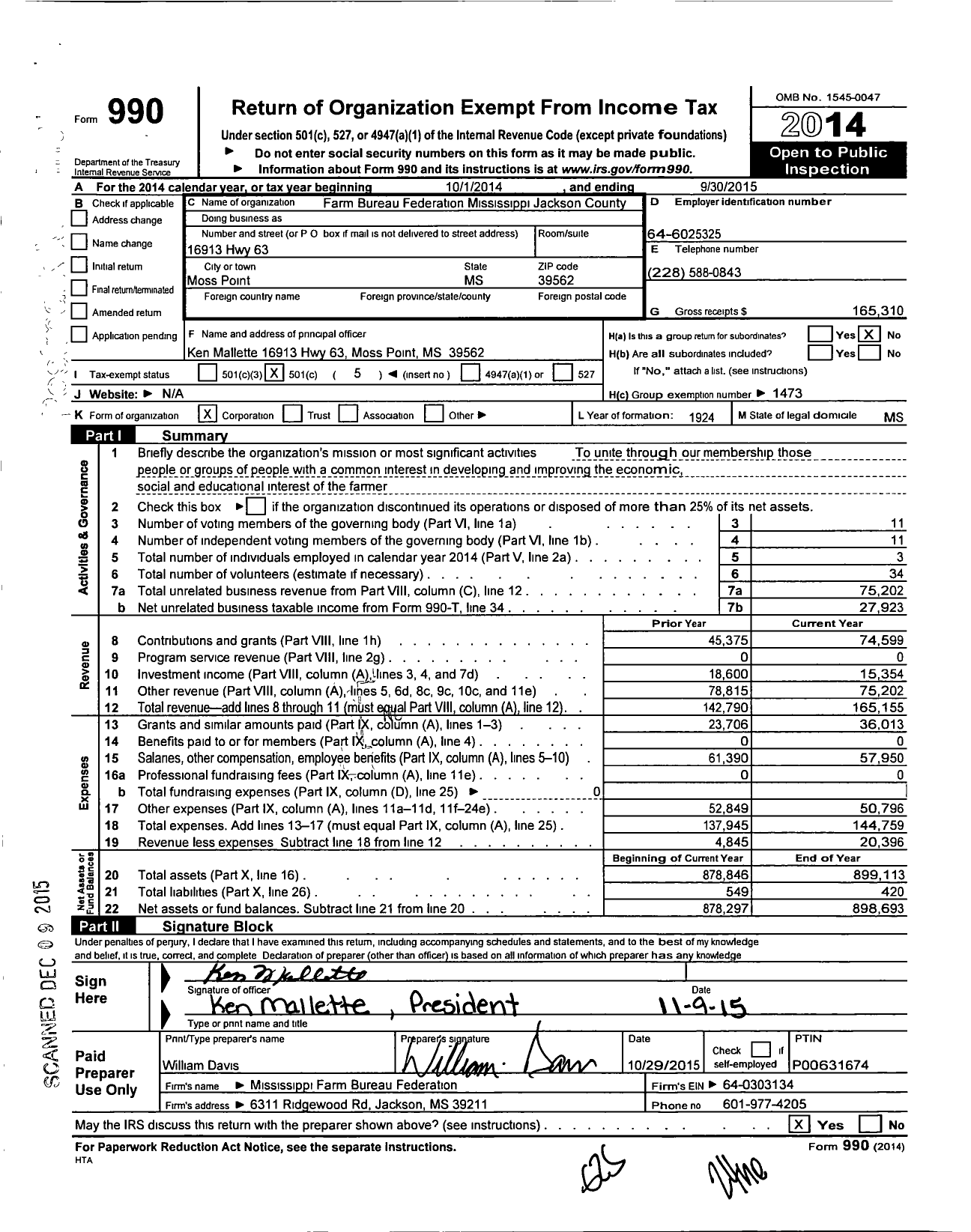 Image of first page of 2014 Form 990O for Mississippi Farm Bureau Federation - Jackson County Farm Bureau