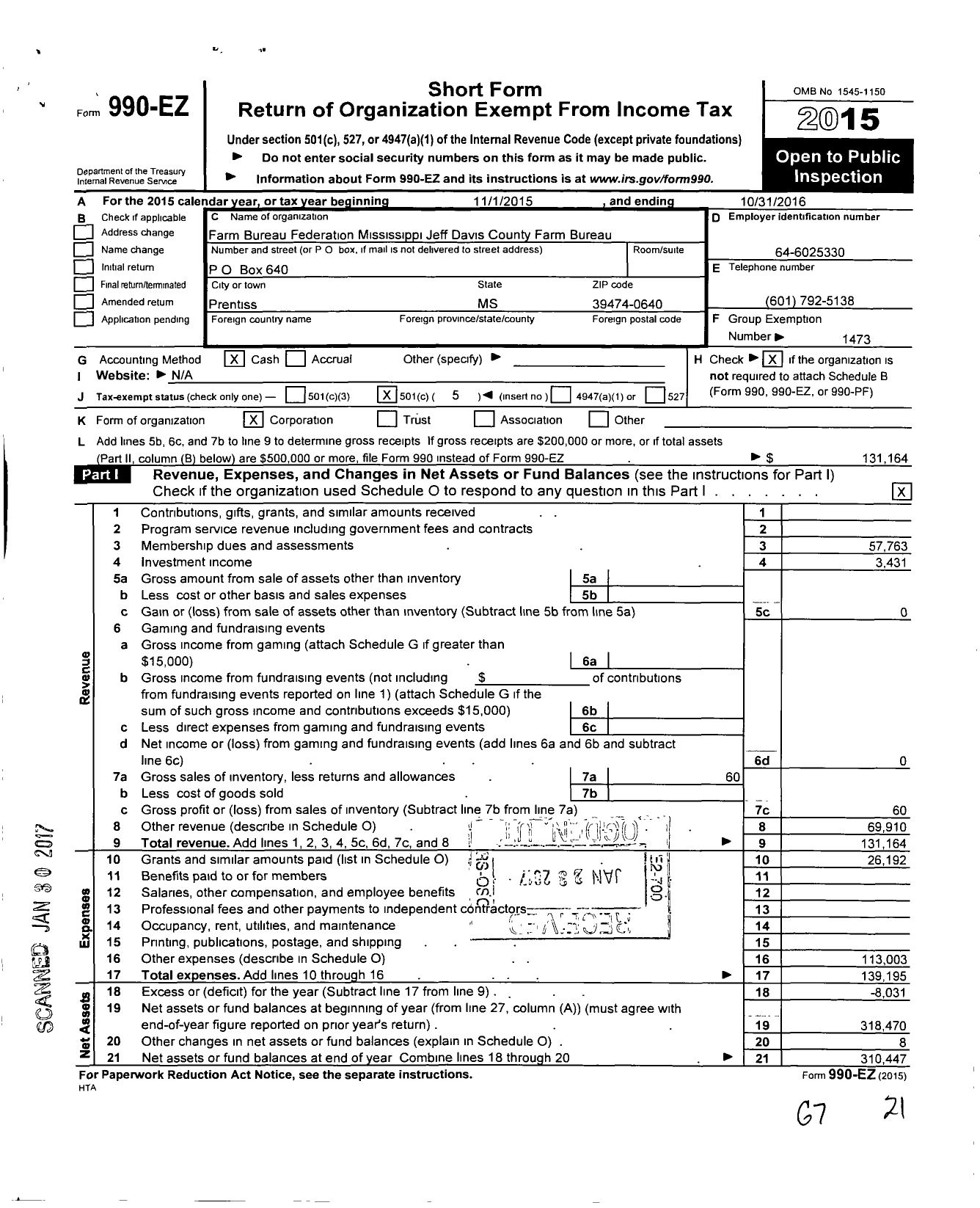 Image of first page of 2015 Form 990EO for Mississippi Farm Bureau Federation - Jeff Davis County Farm Bureau