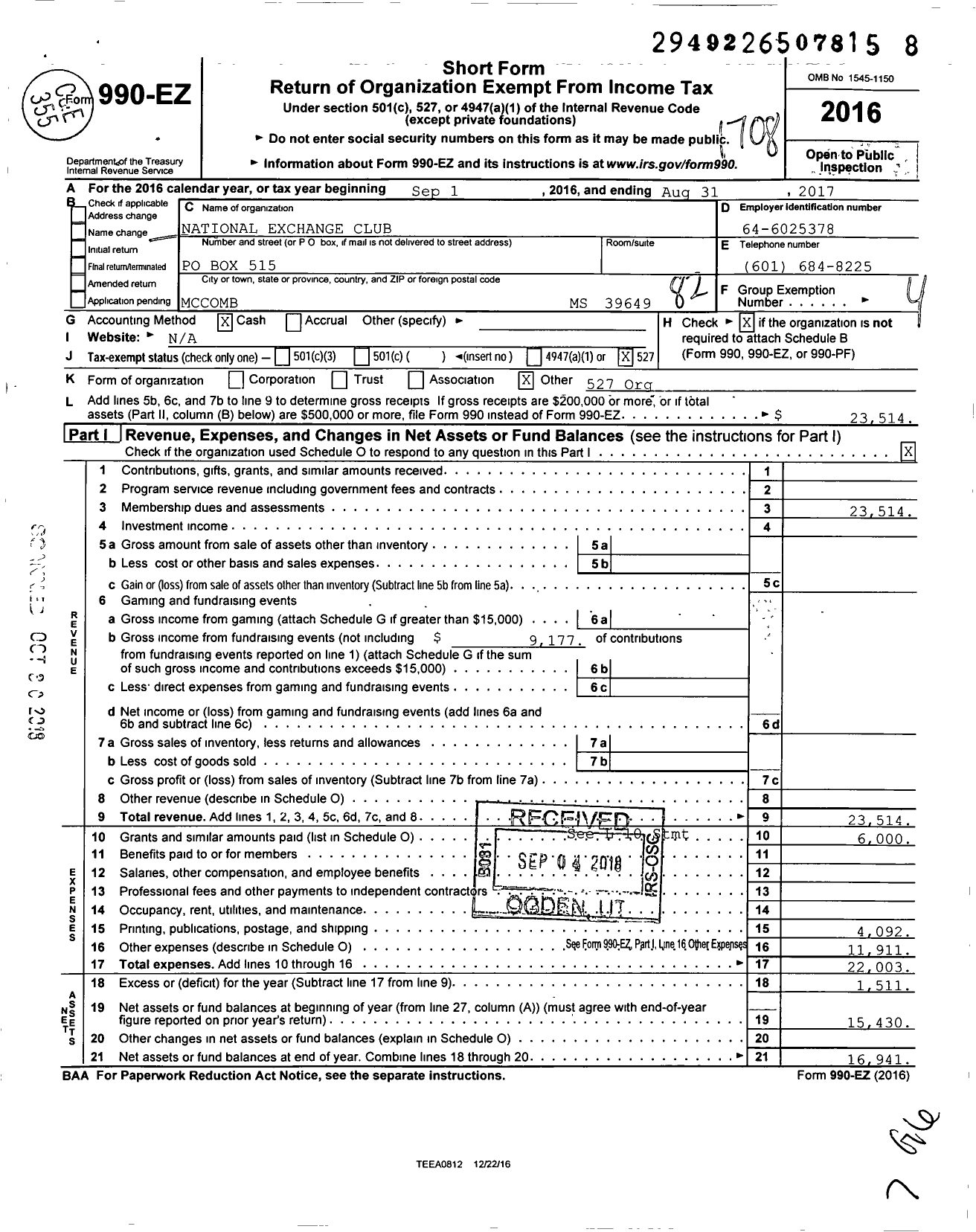 Image of first page of 2016 Form 990EO for National Exchange Club