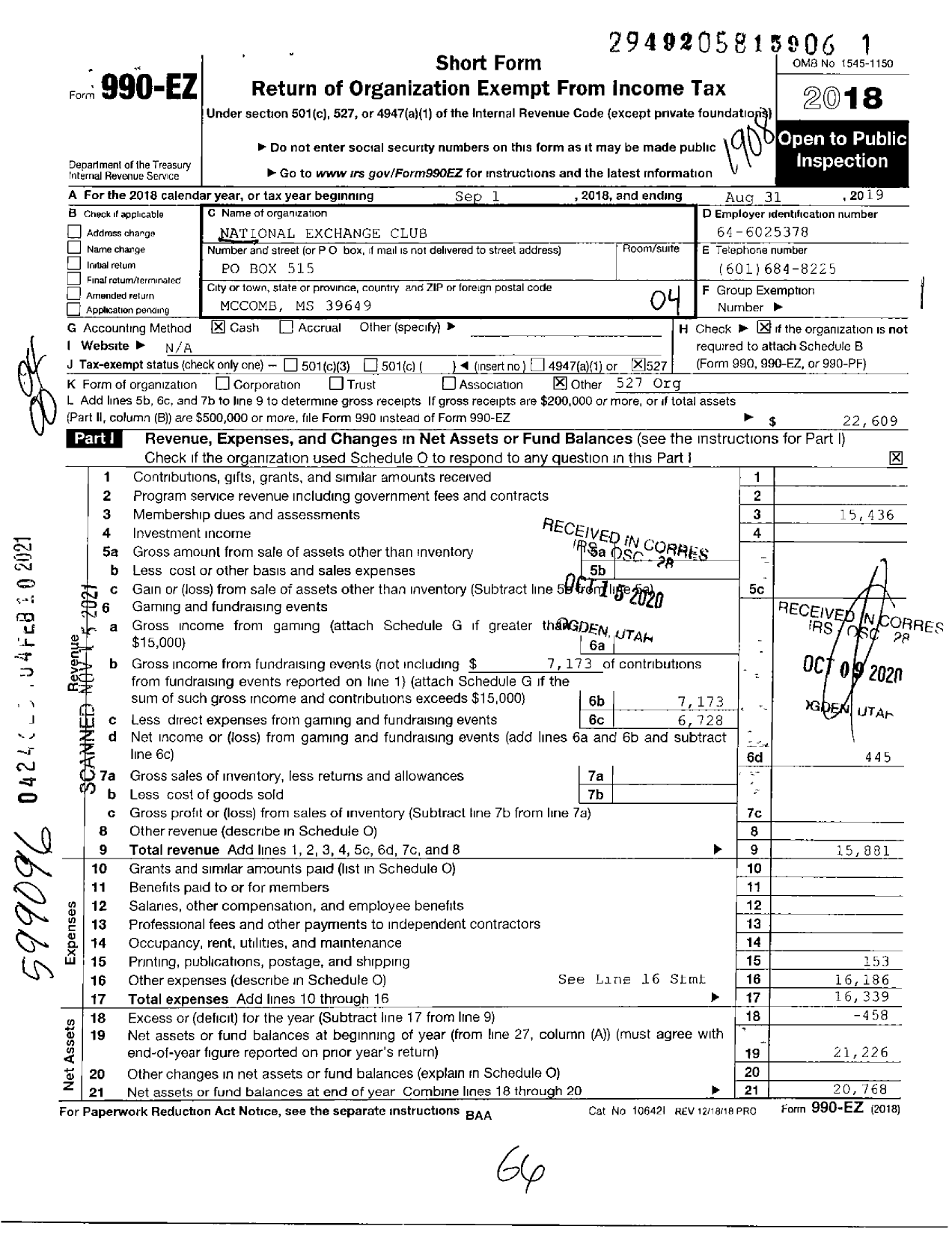 Image of first page of 2018 Form 990EO for National Exchange Club