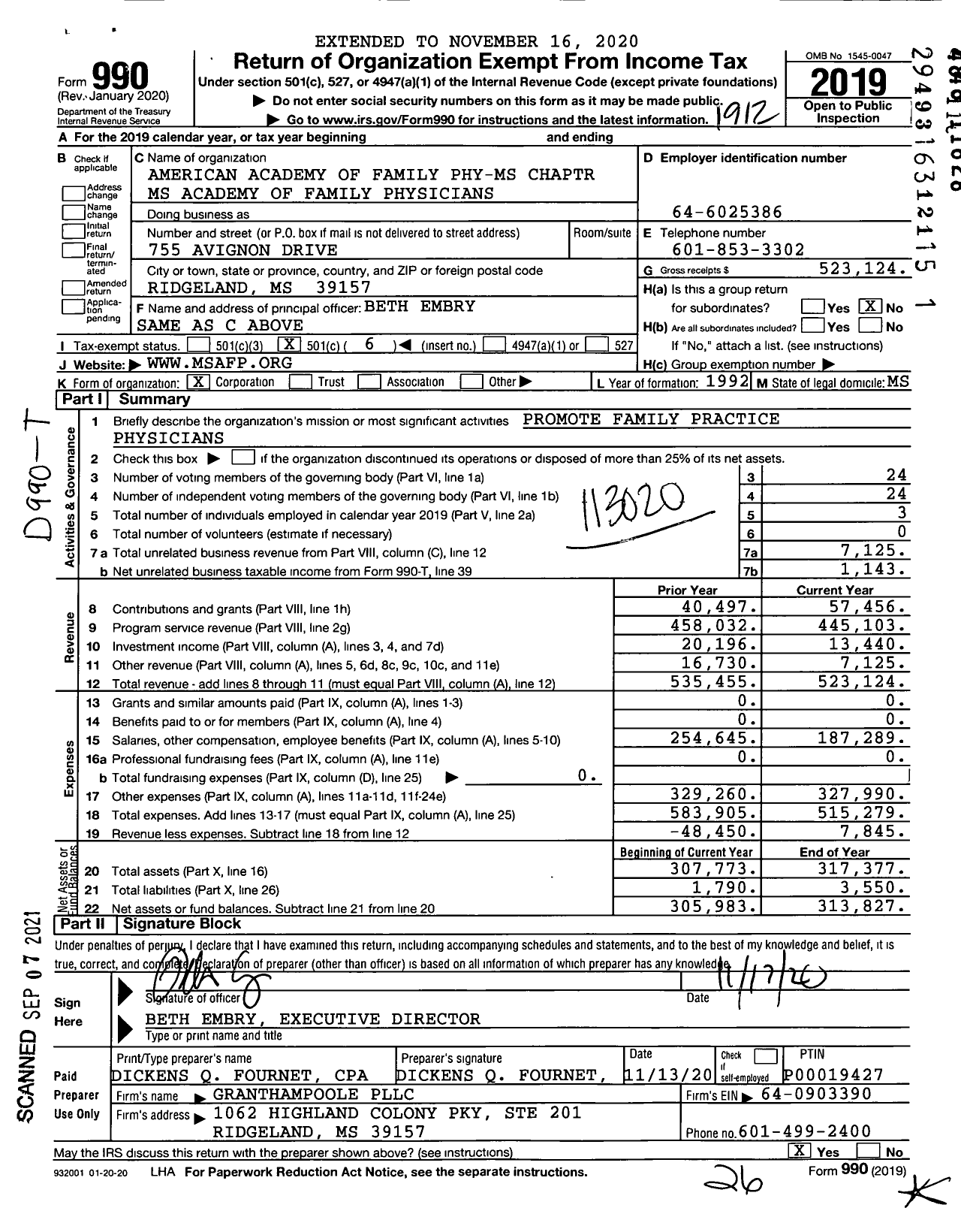 Image of first page of 2019 Form 990O for American Academy of Family Physicians - Mississippi Chapter