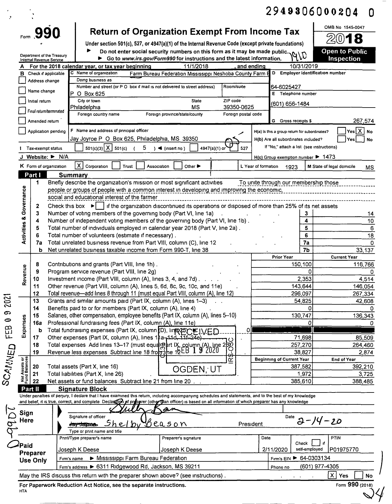 Image of first page of 2018 Form 990O for Mississippi Farm Bureau Federation - Neshoba County Farm Bureau