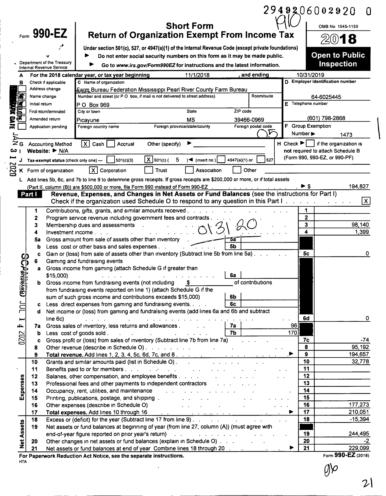 Image of first page of 2018 Form 990EO for Mississippi Farm Bureau Federation - Pearl River County Farm Bureau