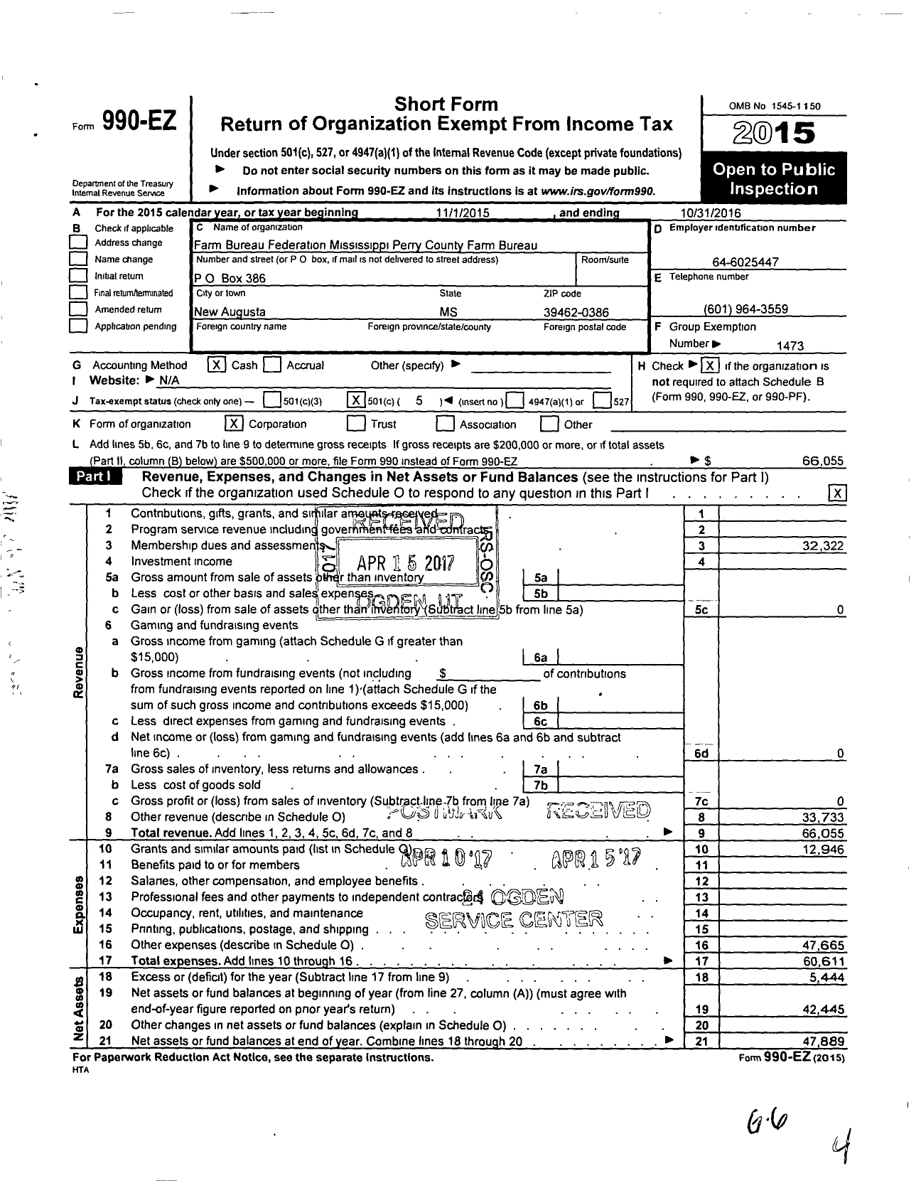 Image of first page of 2015 Form 990EO for Mississippi Farm Bureau Federation - Perry County Farm Bureau
