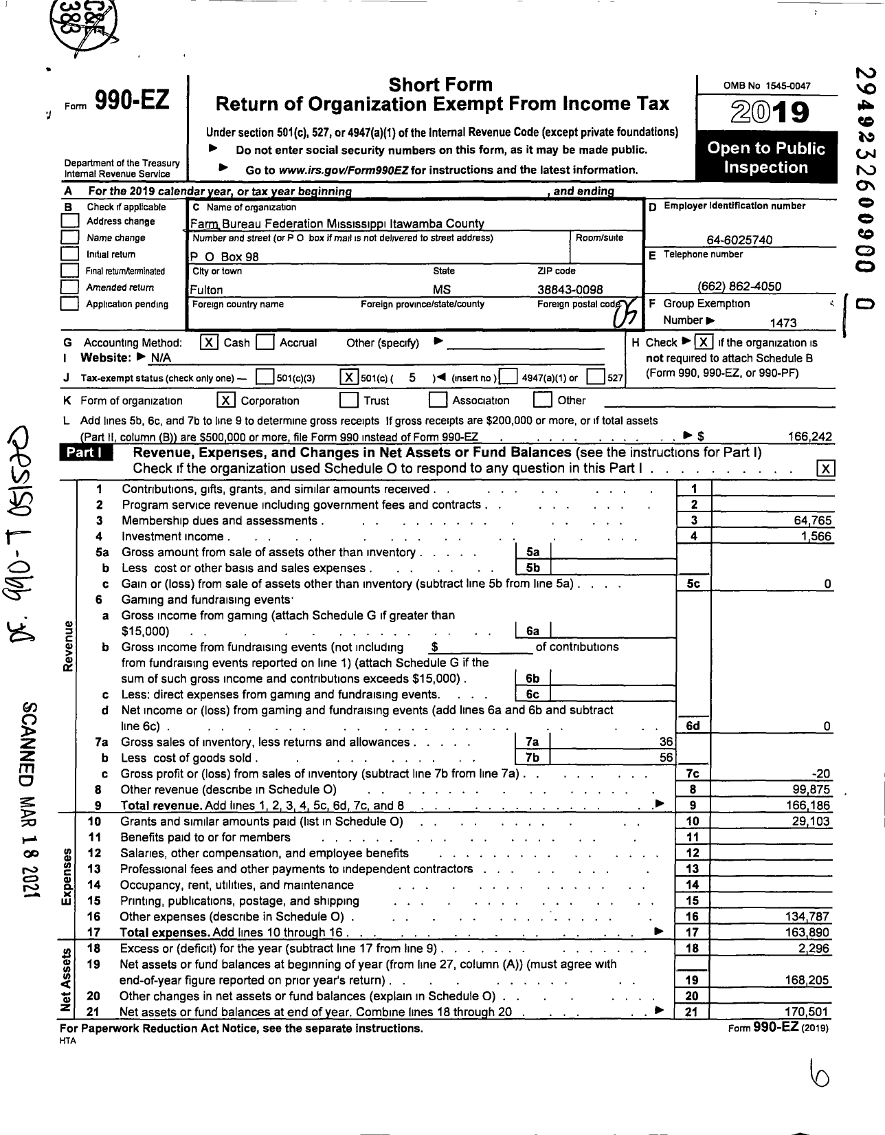 Image of first page of 2019 Form 990EO for Mississippi Farm Bureau Federation - Itawamba County