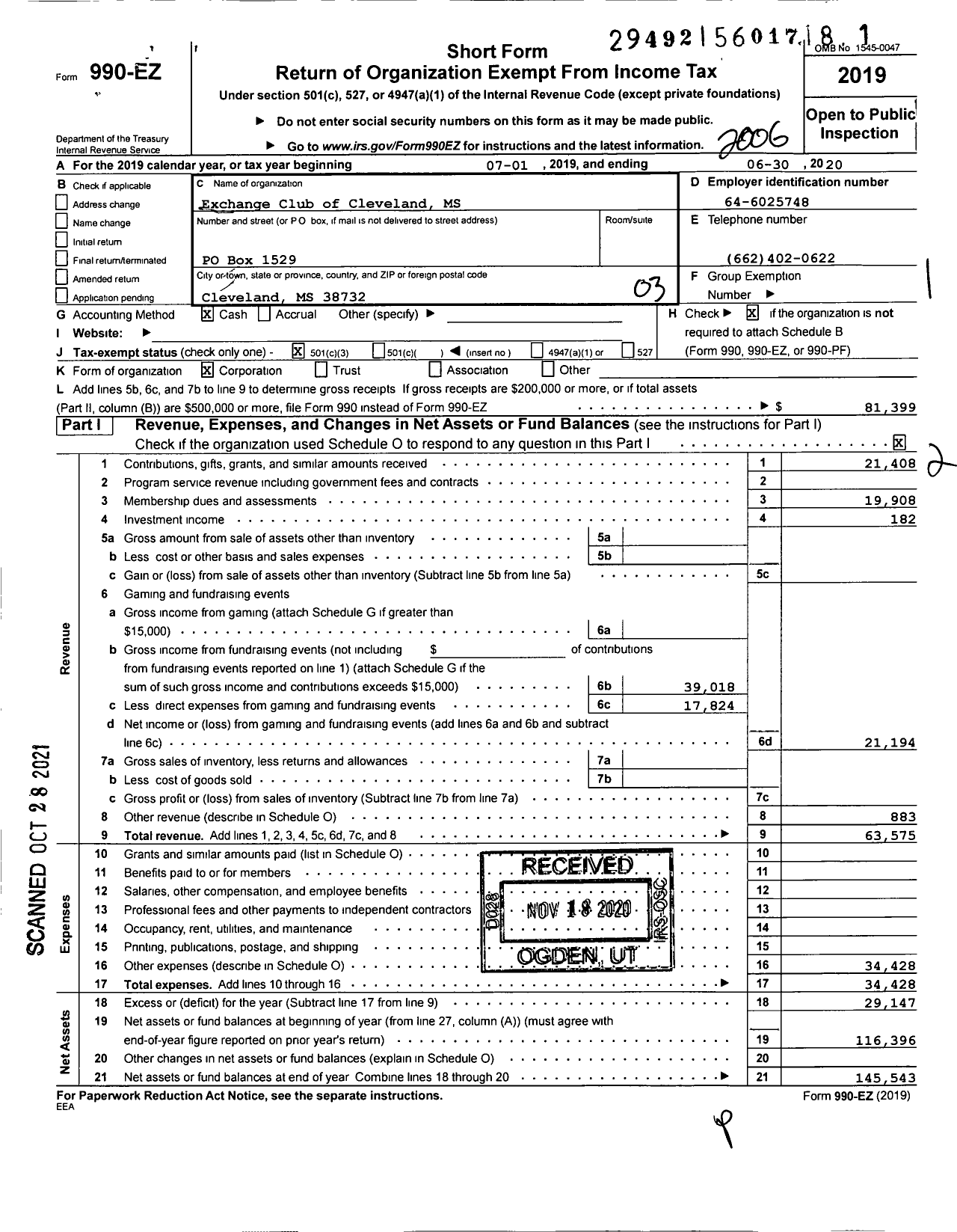 Image of first page of 2019 Form 990EZ for National Exchange Club - 1694 Cleveland MS