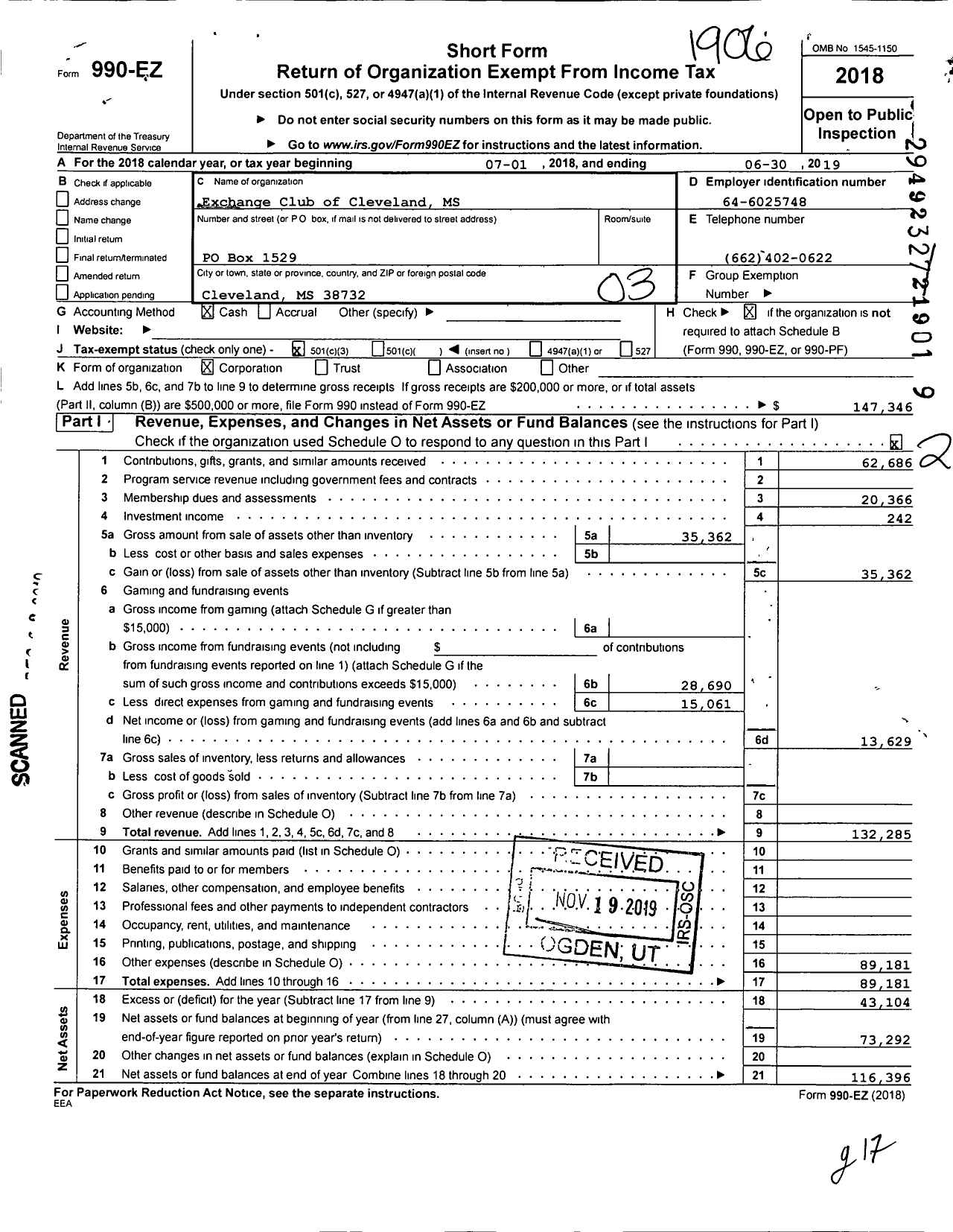 Image of first page of 2018 Form 990EZ for National Exchange Club - 1694 Cleveland MS