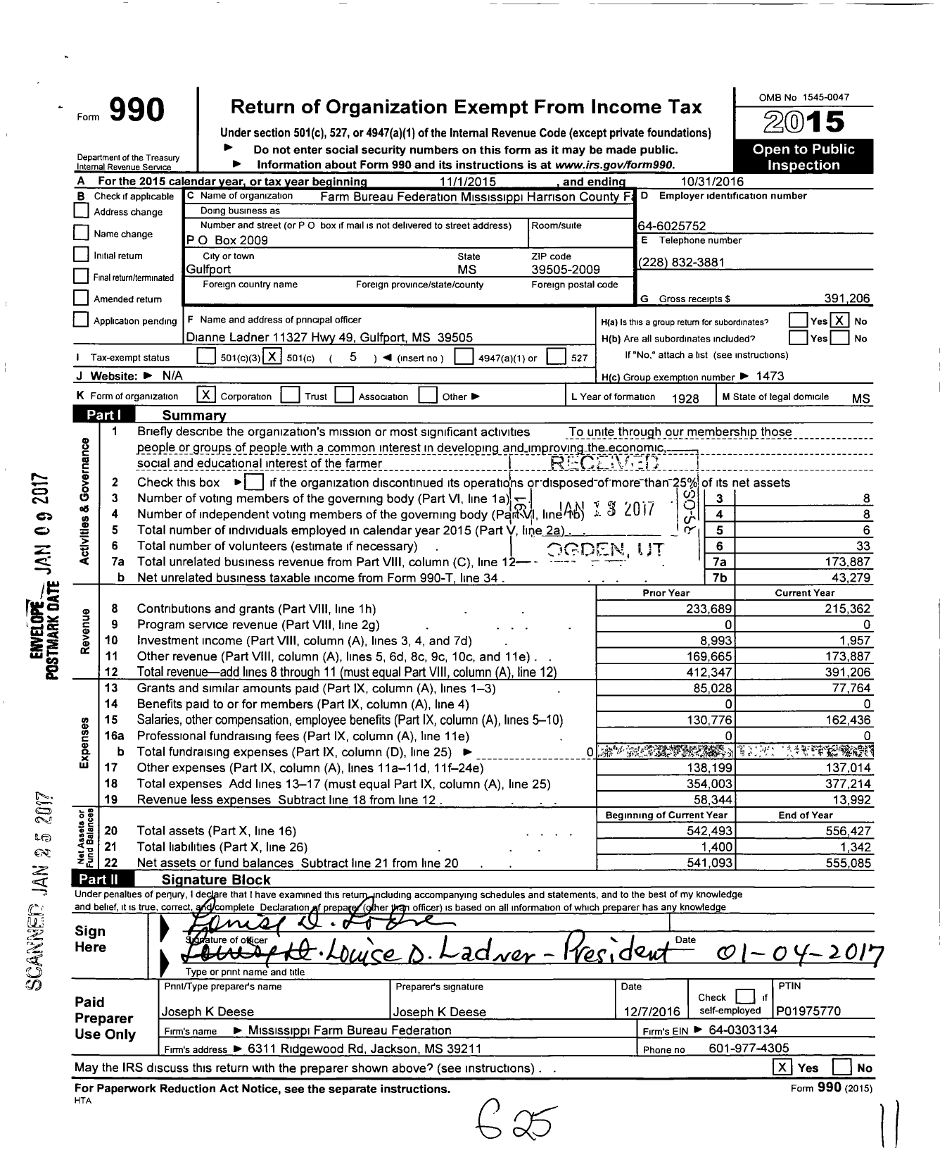 Image of first page of 2015 Form 990O for Mississippi Farm Bureau Federation - Harrison County Farm Bureau
