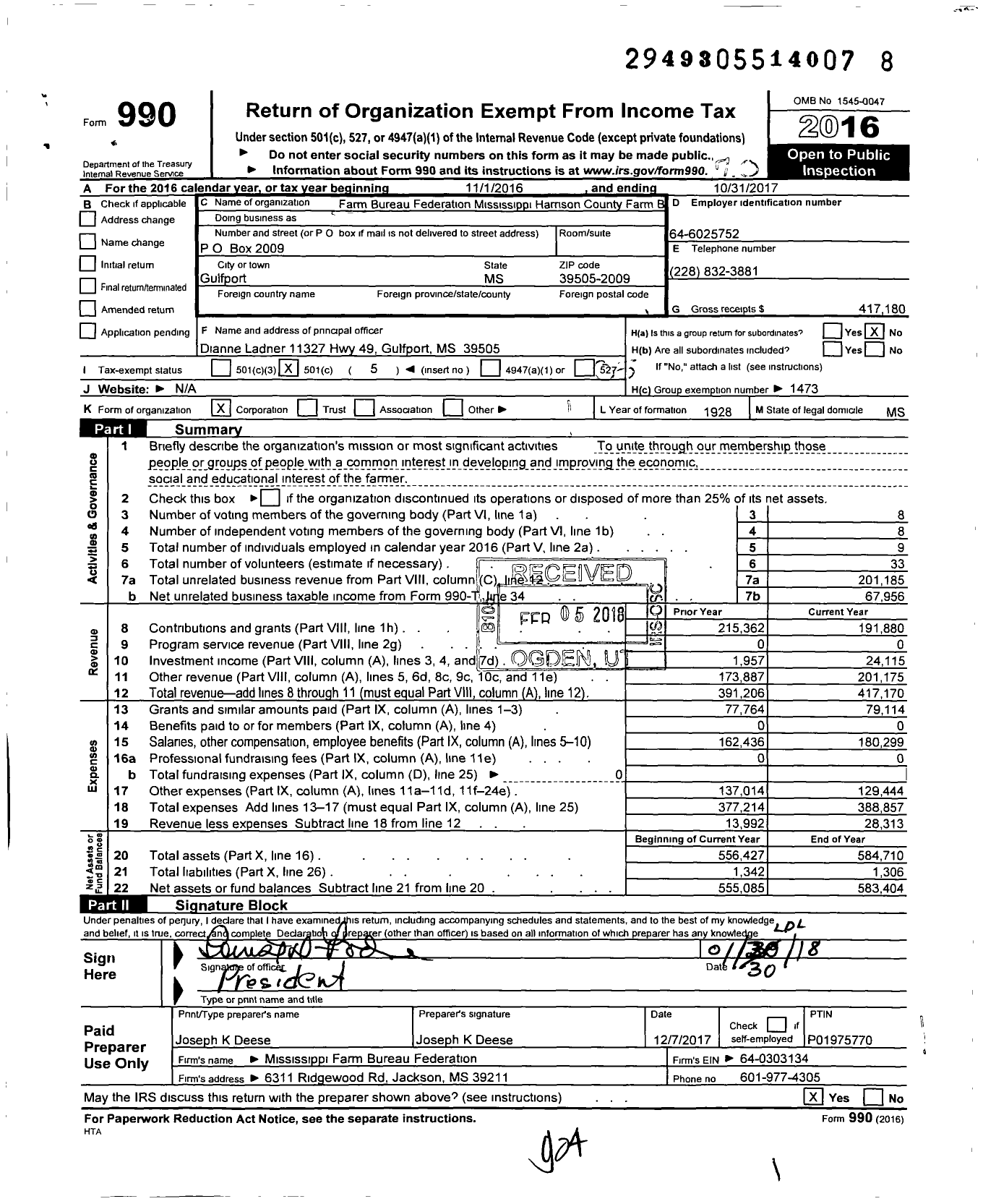 Image of first page of 2016 Form 990O for Mississippi Farm Bureau Federation - Harrison County Farm Bureau