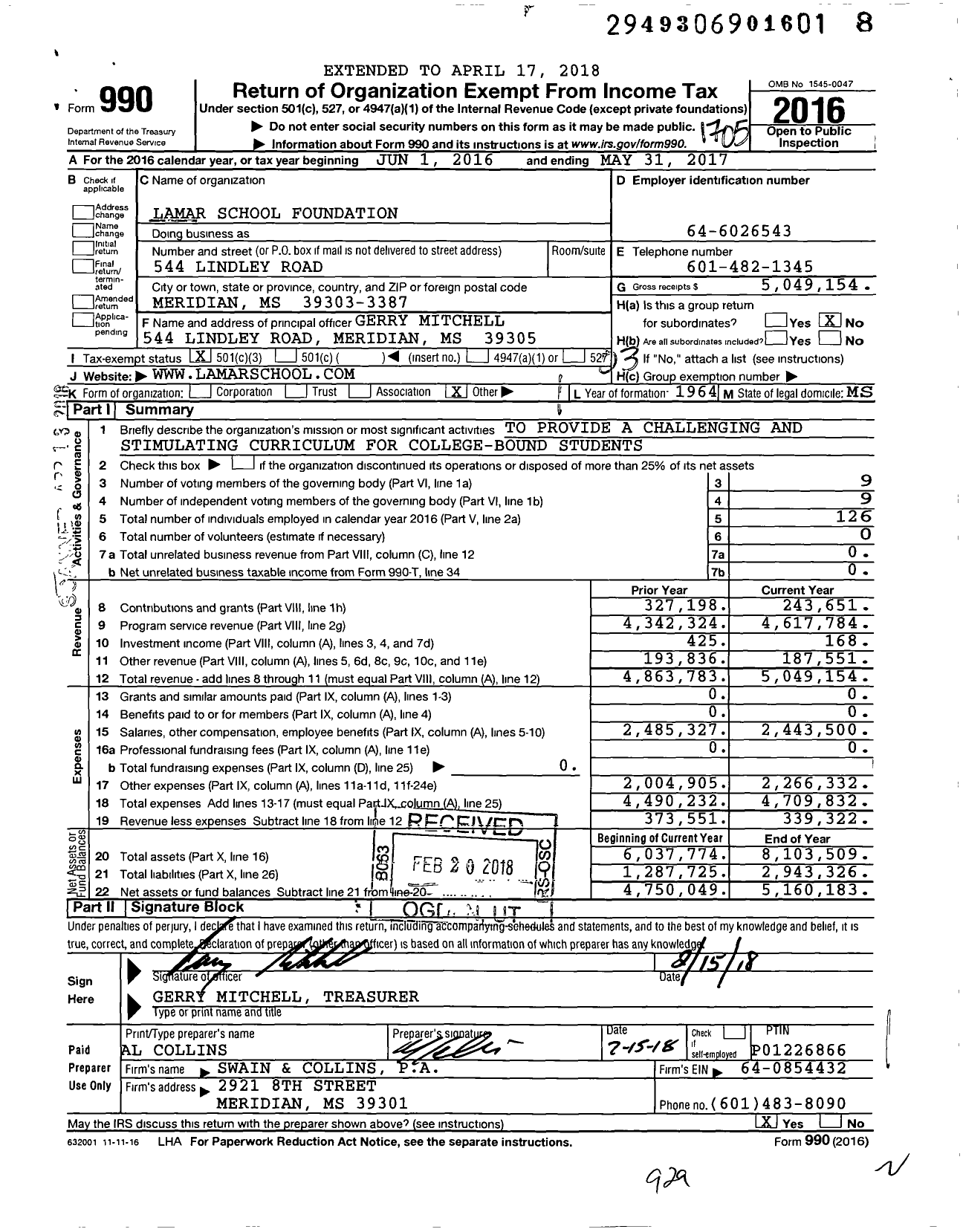 Image of first page of 2016 Form 990 for Lamar School Foundation