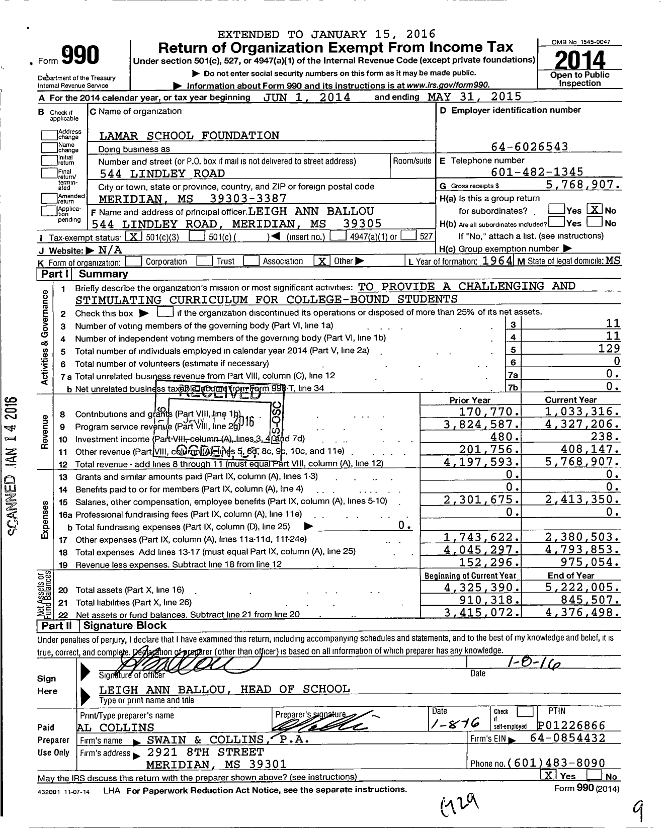 Image of first page of 2014 Form 990 for Lamar School Foundation