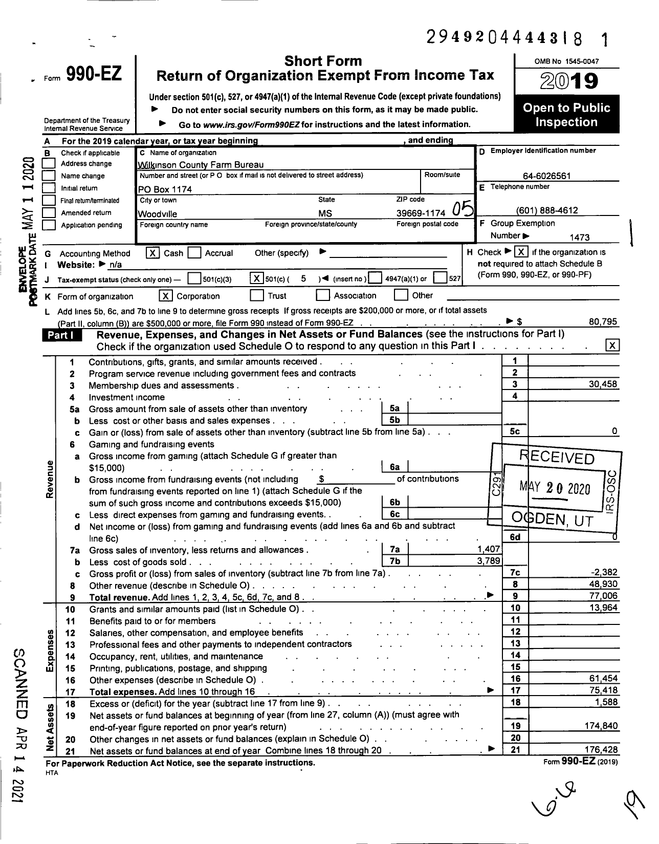 Image of first page of 2019 Form 990EO for Mississippi Farm Bureau Federation - Wilkinson County Farm Bureau