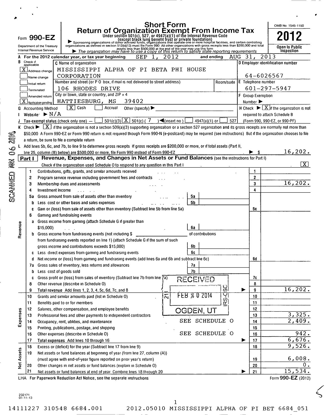 Image of first page of 2012 Form 990EO for Mississippi Alpha of Pi Beta Phi House Corporation