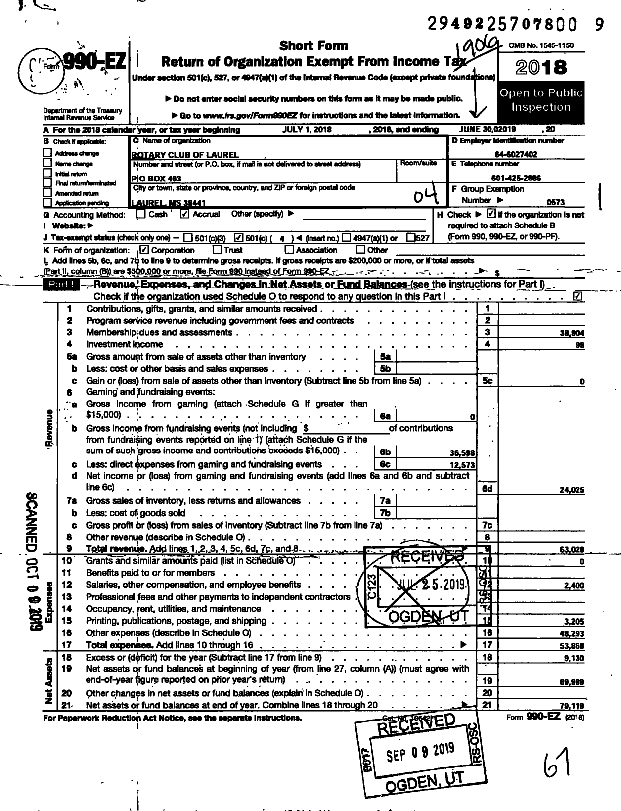 Image of first page of 2018 Form 990EO for Rotary International - Rotary Club of Laurel