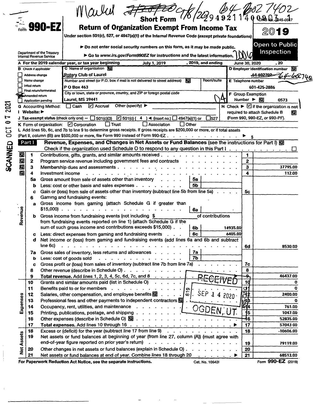 Image of first page of 2019 Form 990EO for Rotary International - Rotary Club of Laurel