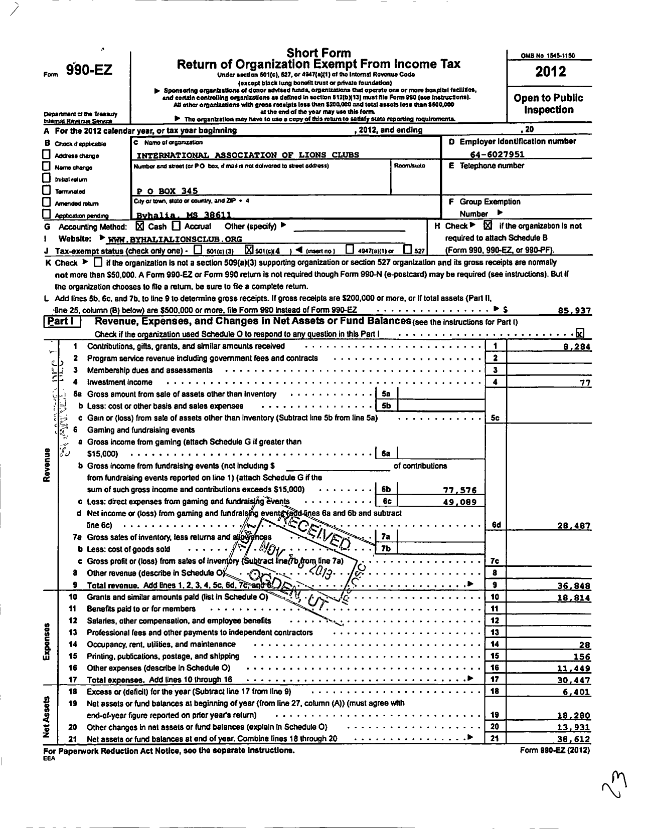 Image of first page of 2012 Form 990EO for Lions Clubs - 11104 Byhalia