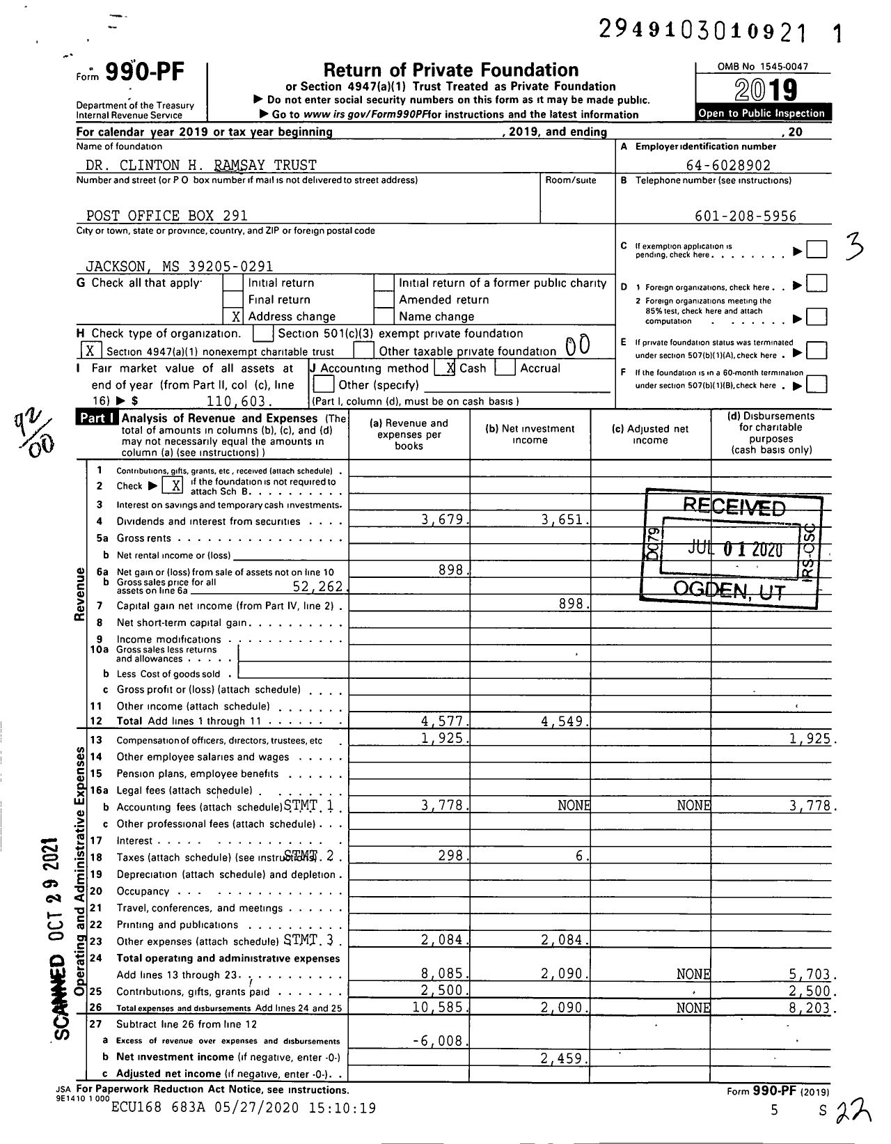 Image of first page of 2019 Form 990PF for The Dr C H Ramsay Trust Trustmark Trustee