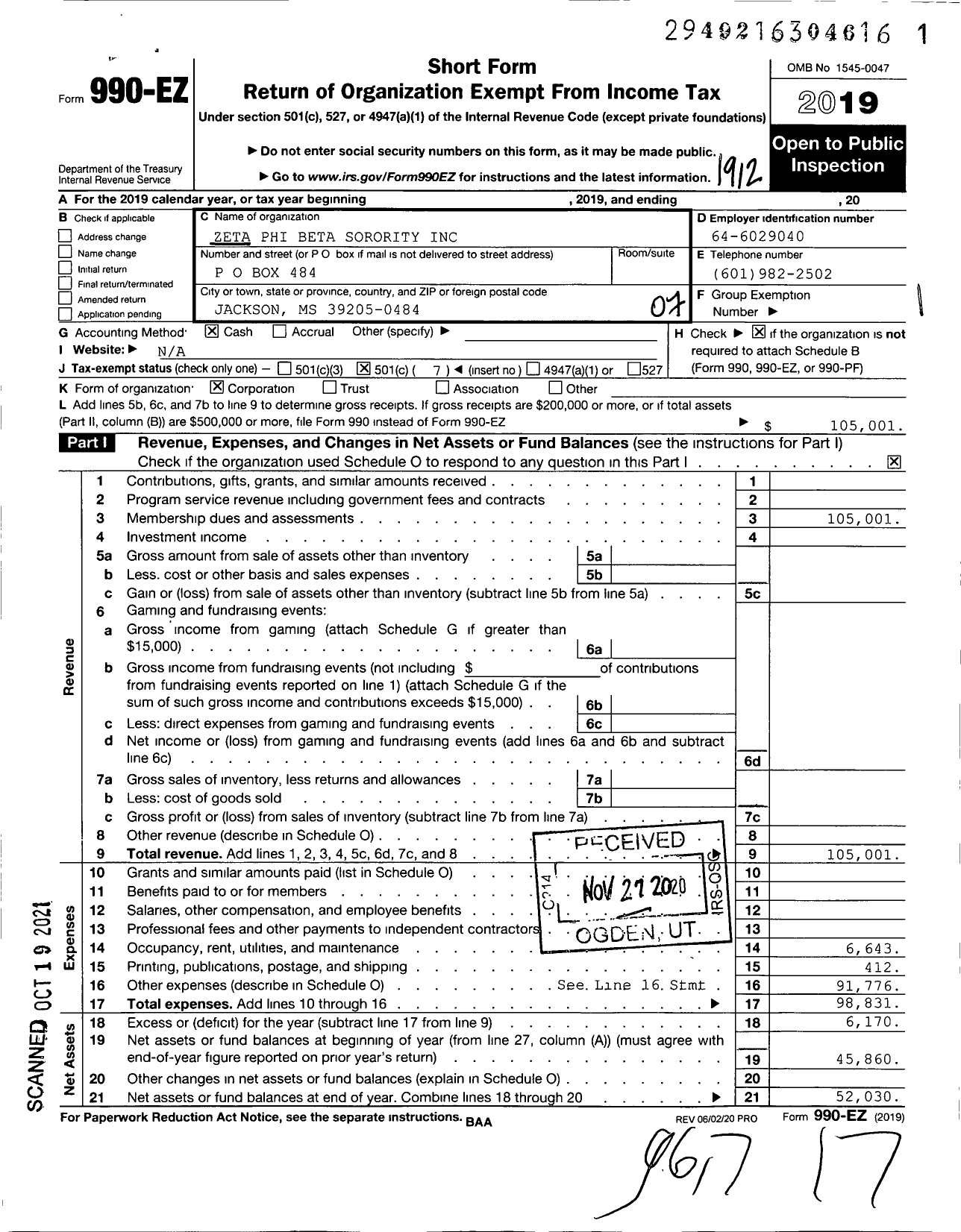 Image of first page of 2019 Form 990EO for Zeta Phi Beta Sorority / Alpha Delta Zeta