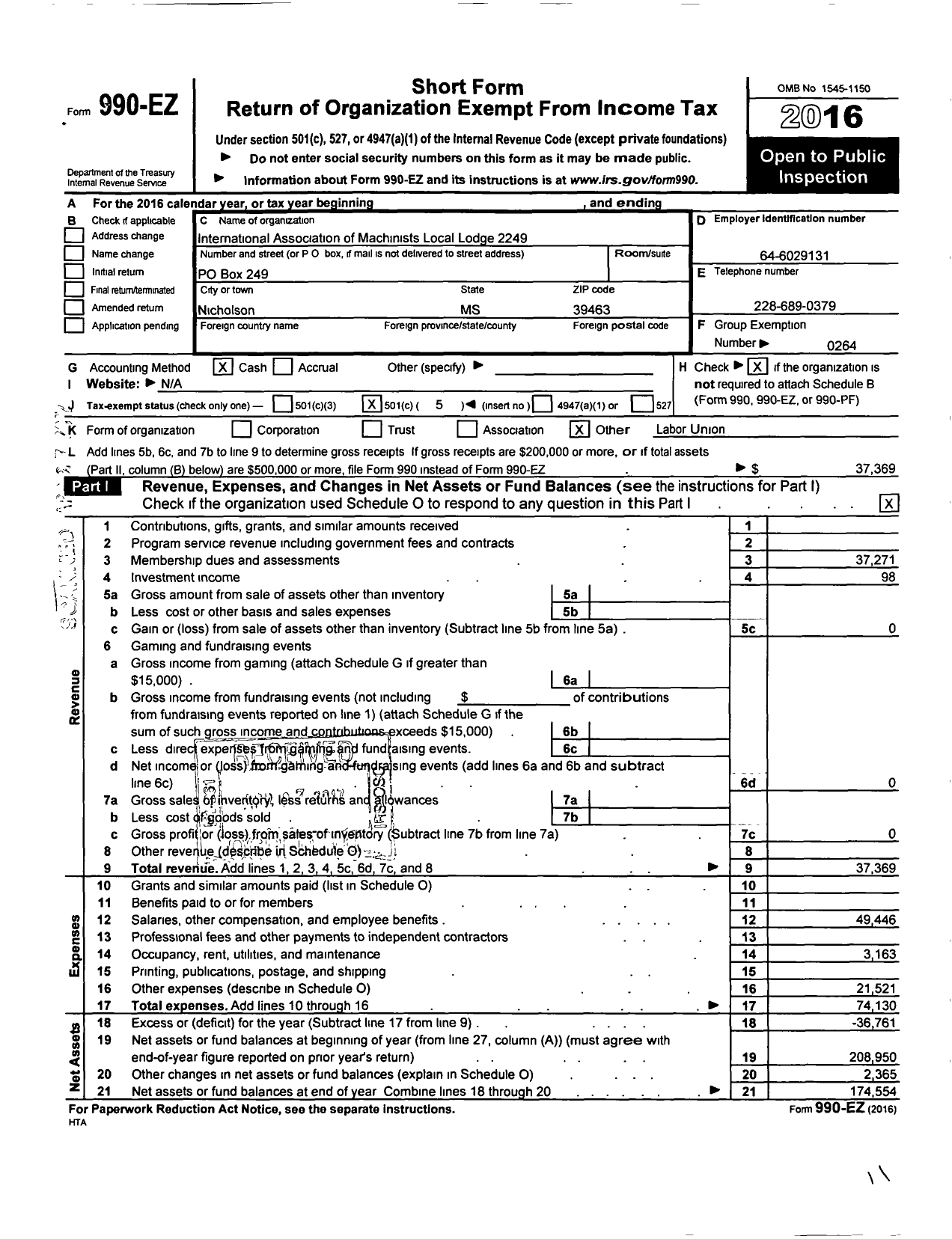Image of first page of 2016 Form 990EO for International Association of Machinists and Aerospace Workers - 2249