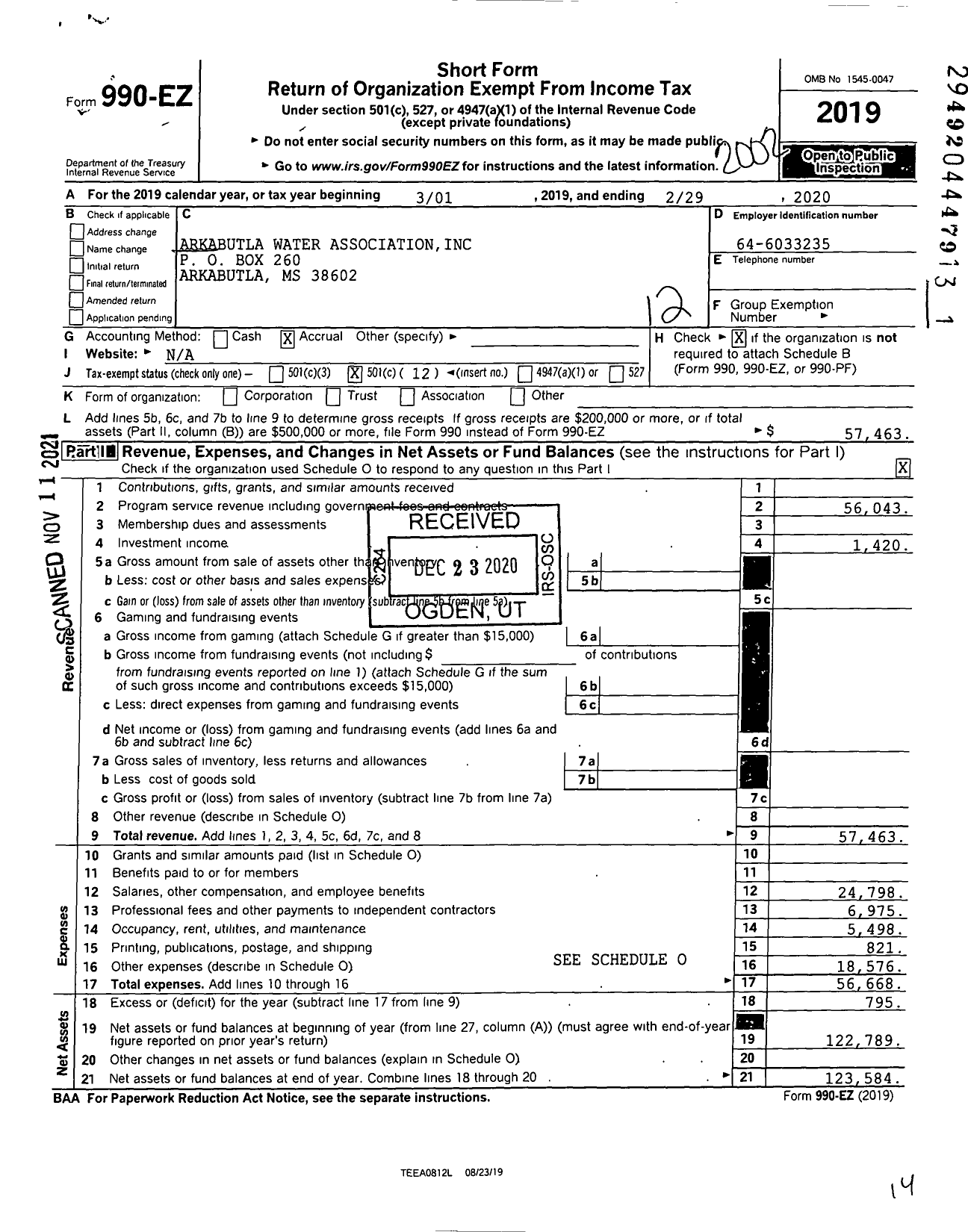 Image of first page of 2019 Form 990EO for Arkabutla Water Association