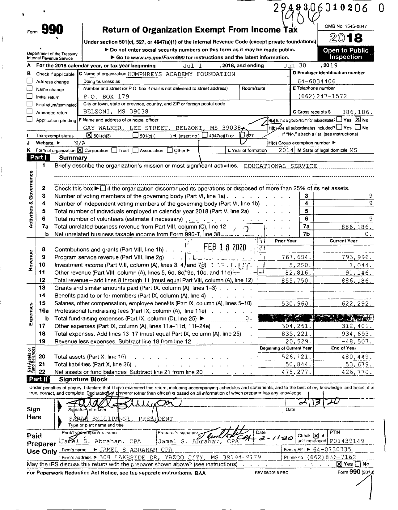 Image of first page of 2018 Form 990 for Humphrey's Academy Foundation