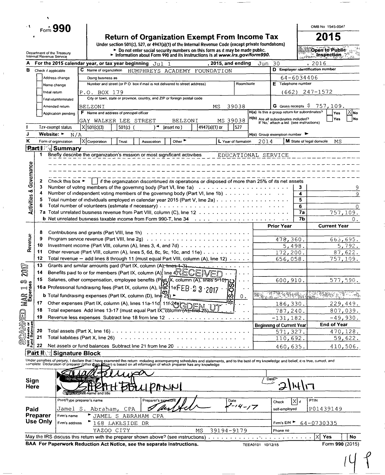Image of first page of 2015 Form 990 for Humphrey's Academy Foundation