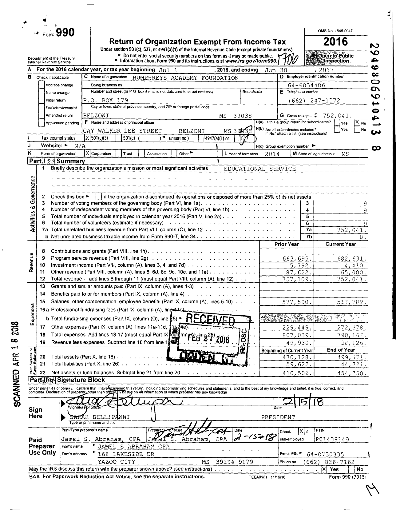 Image of first page of 2016 Form 990 for Humphrey's Academy Foundation